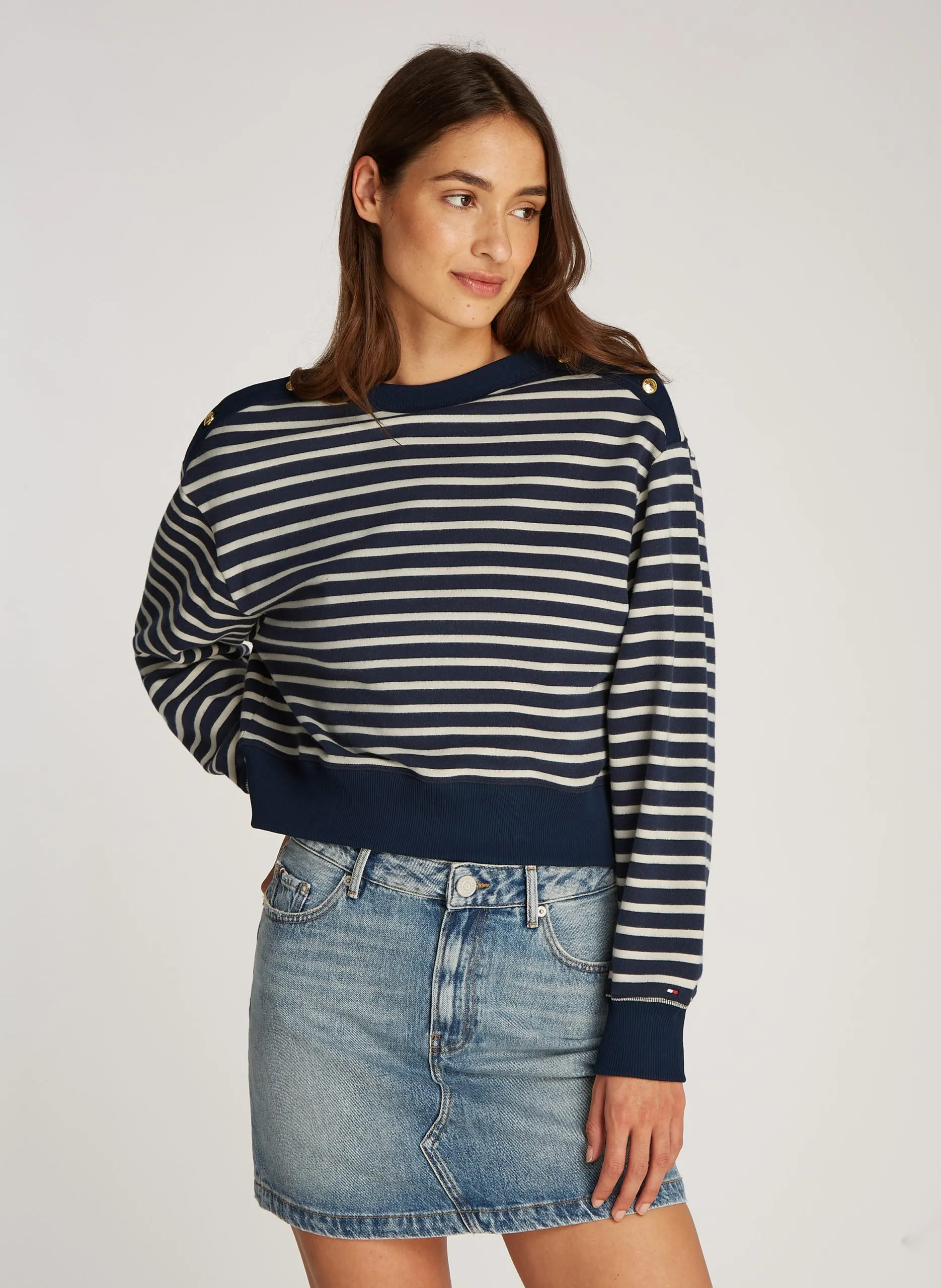 Gerader Baumwoll-Sweatshirt mit Streifen Beige