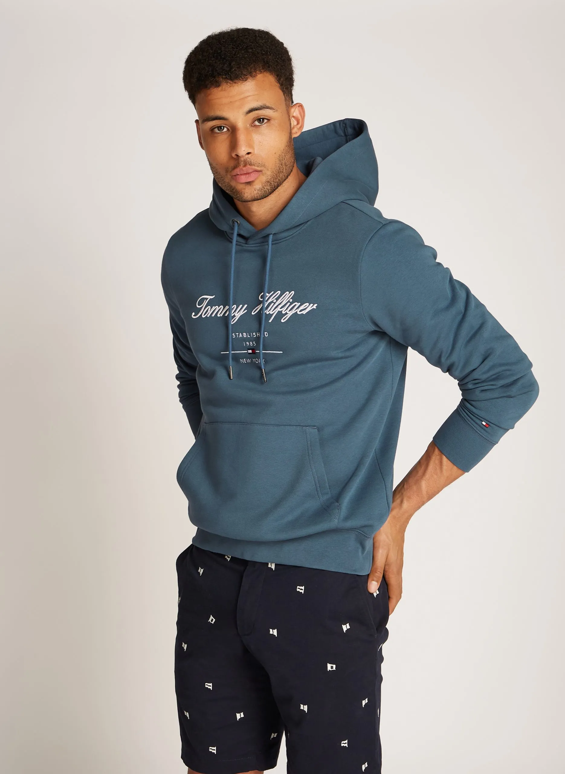 Bestickter Langarm-Hoodie Blau