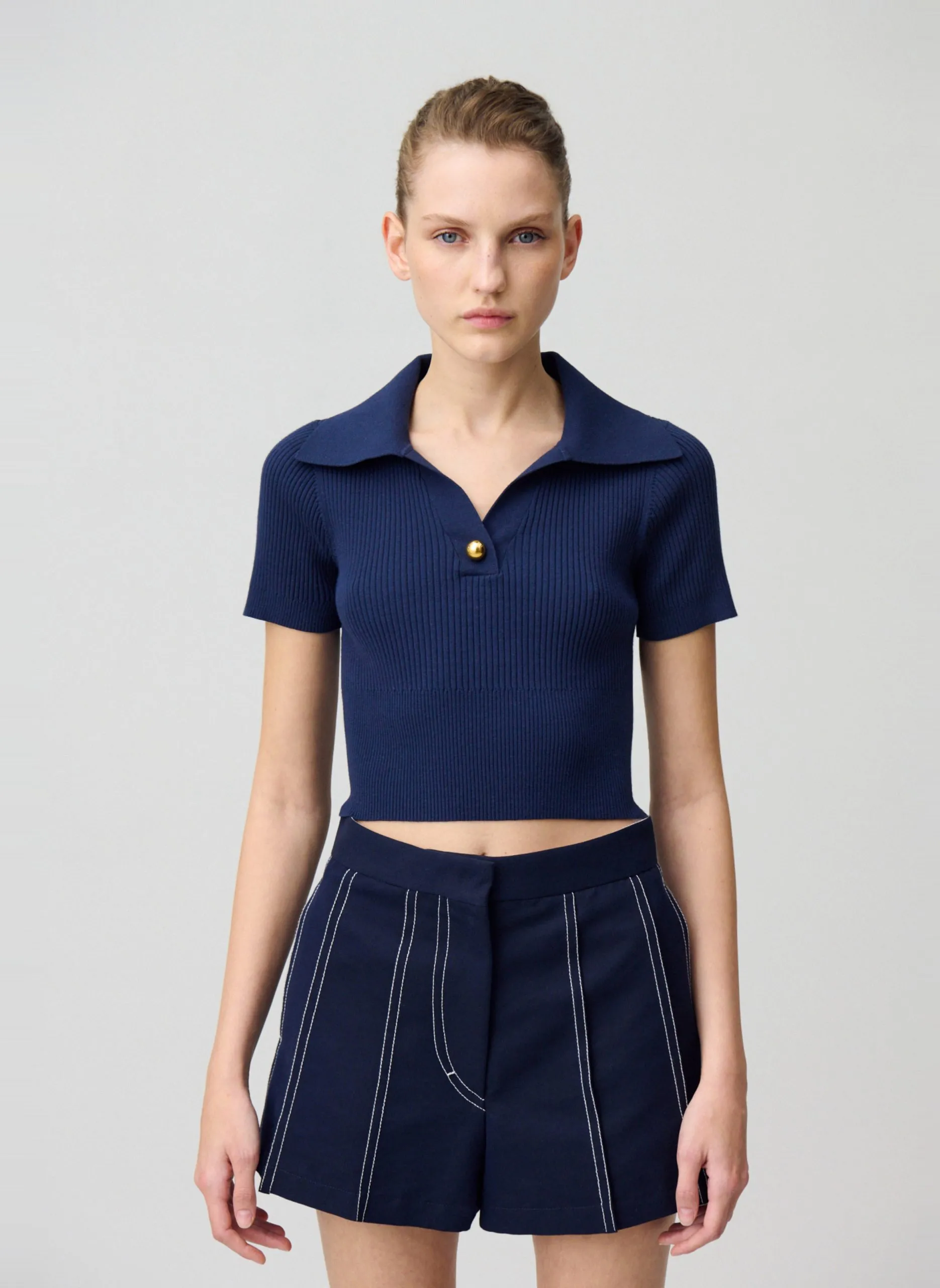 Kurzarm-Feinstricktop Blau