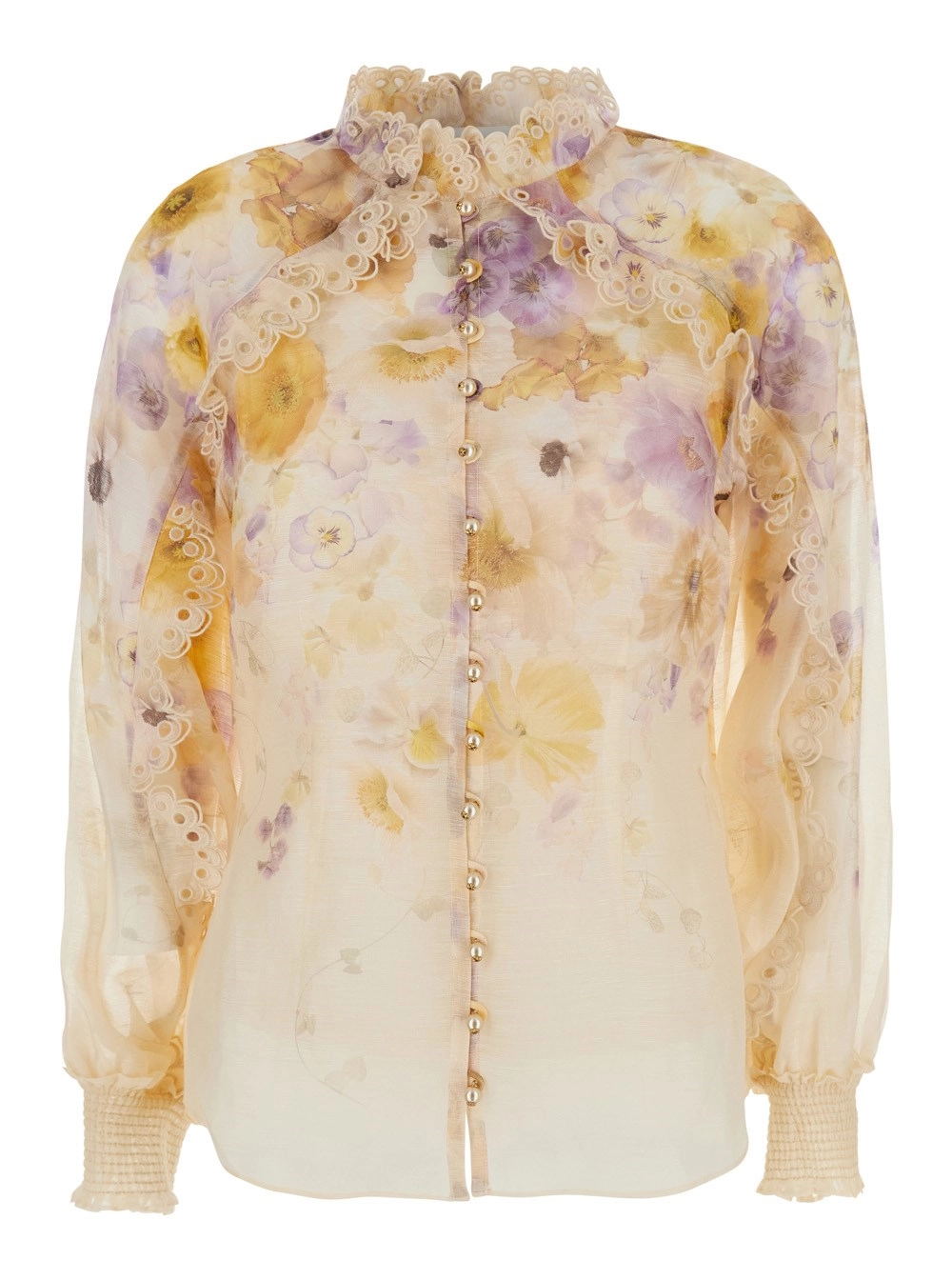 Mehrfarbige Bluse für Damen aus Seide und Leinen mit Blumendruck und Rüschendetails