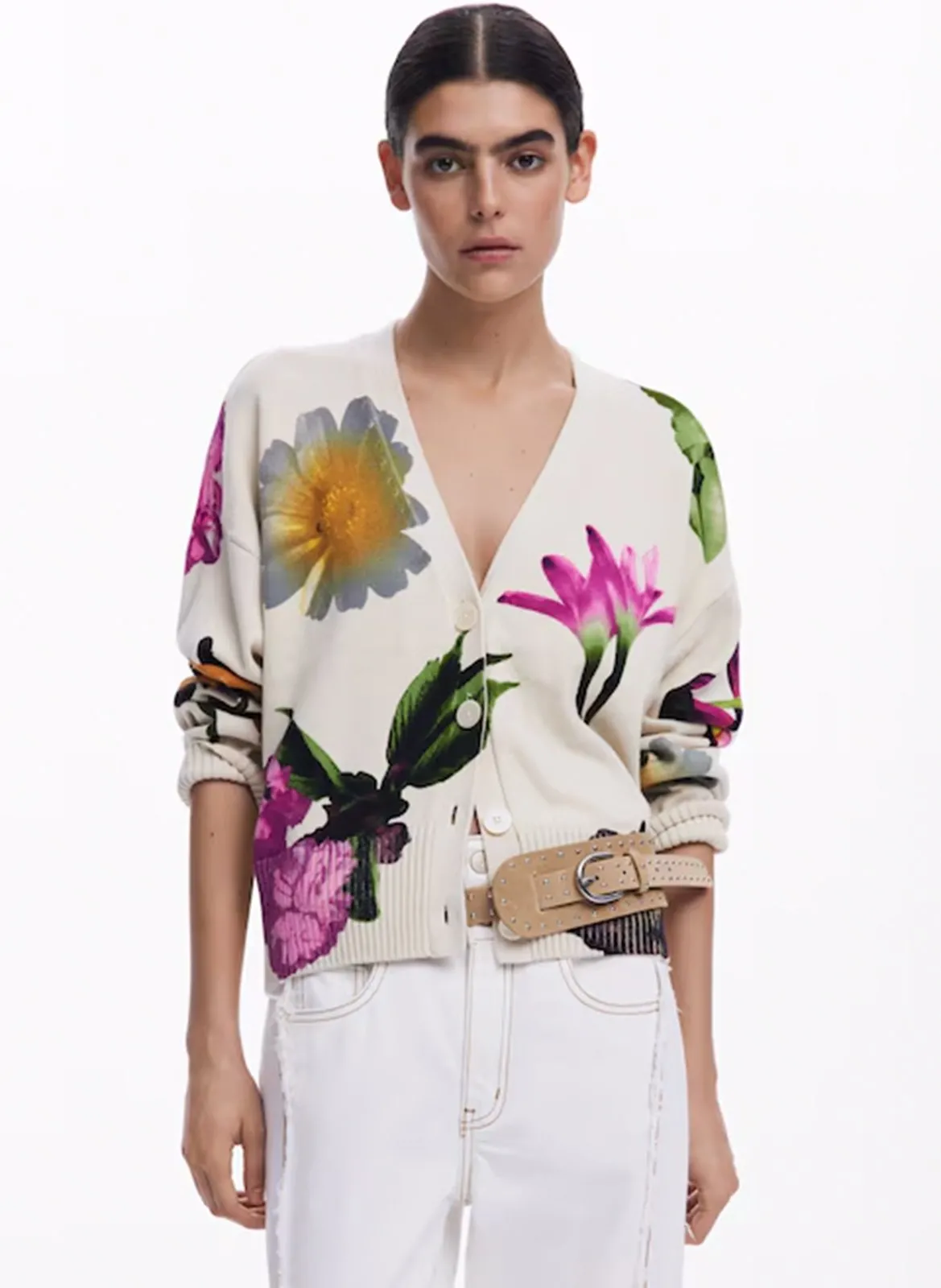 Oversize-Strickjacke aus bedruckter Baumwollmischung Weiss