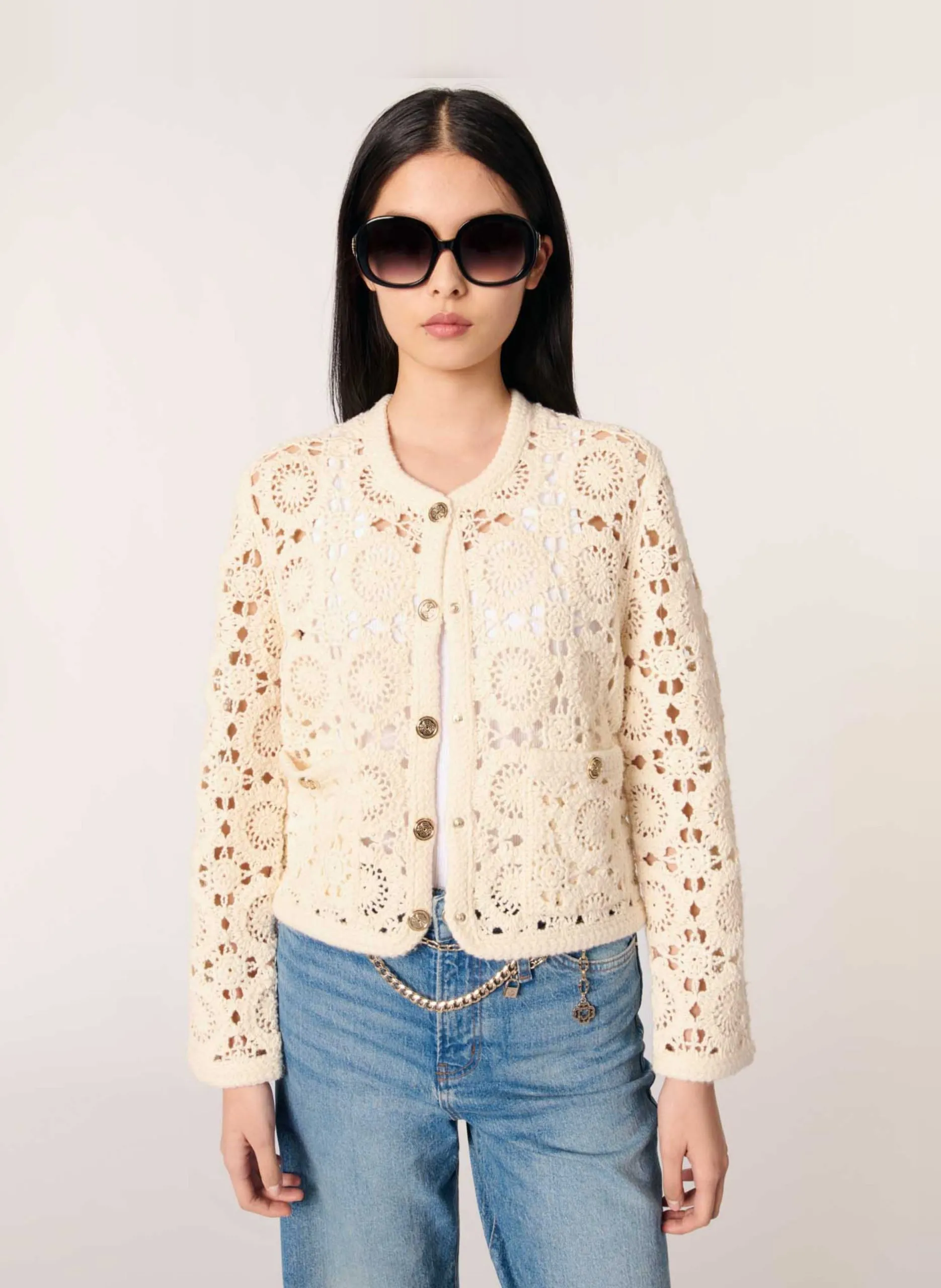 Gerader Häkel-Cardigan Beige