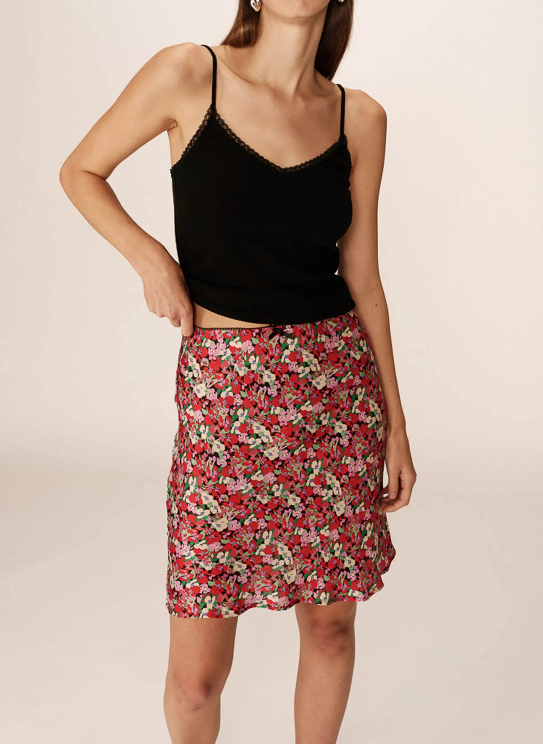 Gerade Midirock mit Blumenmuster Rot PEARL