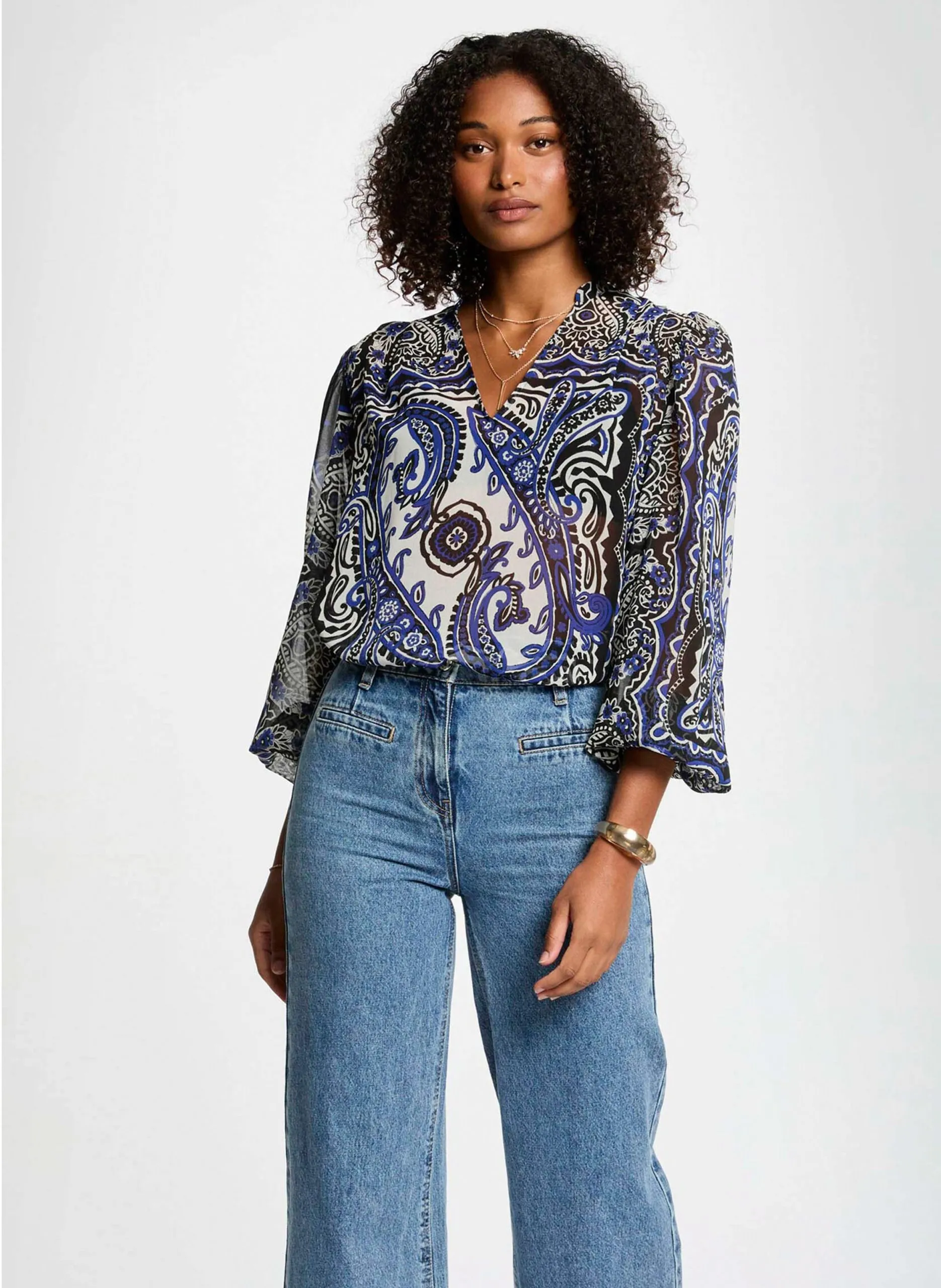 Ärmelloses Top mit V-Ausschnitt und Aufdruck Blau 251-OJAL.F