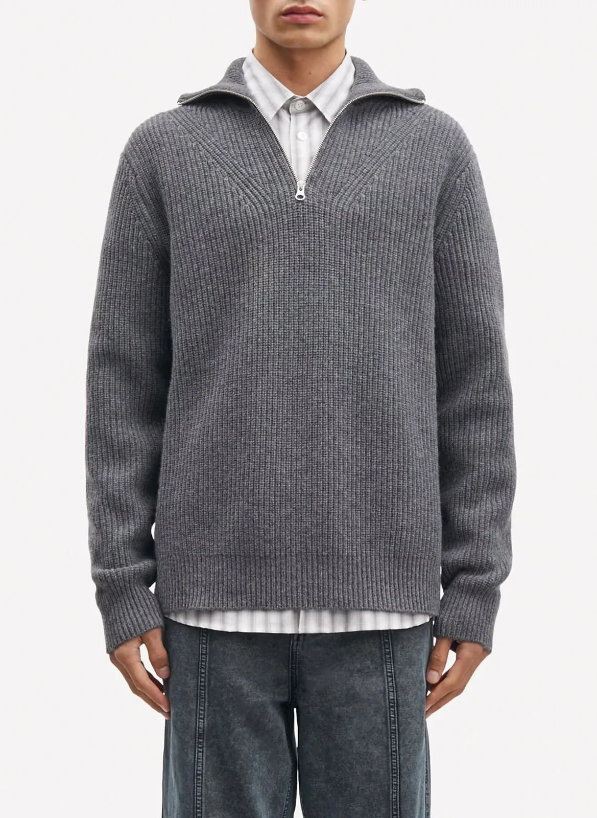 Rollkragenpullover aus Merinowolle mit Reißverschluss, Regular Fit Grau