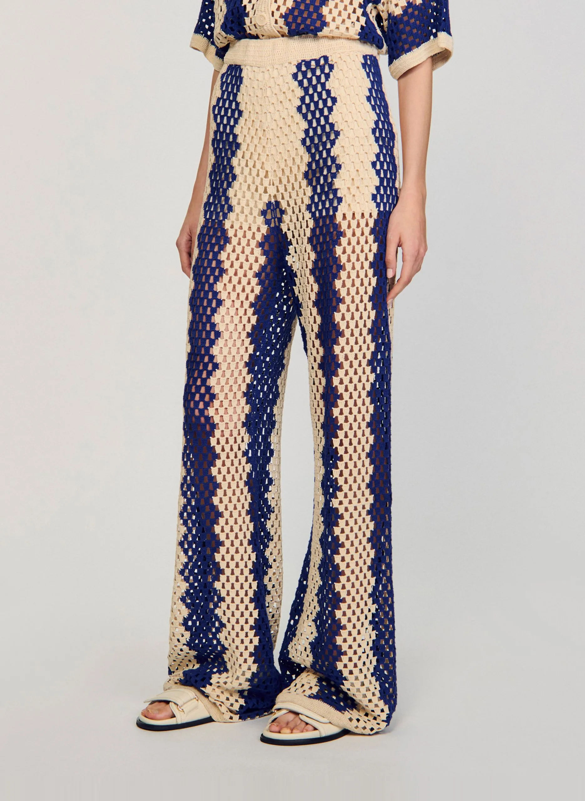 Bedruckte gerade Hose aus Häkelstoff Blau