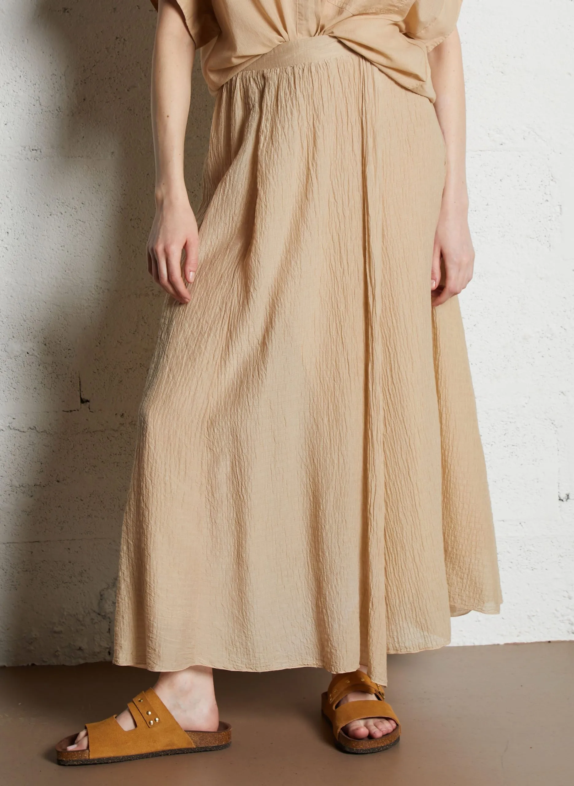 Langer, ausgestellter Rock aus Baumwoll-Mix Beige