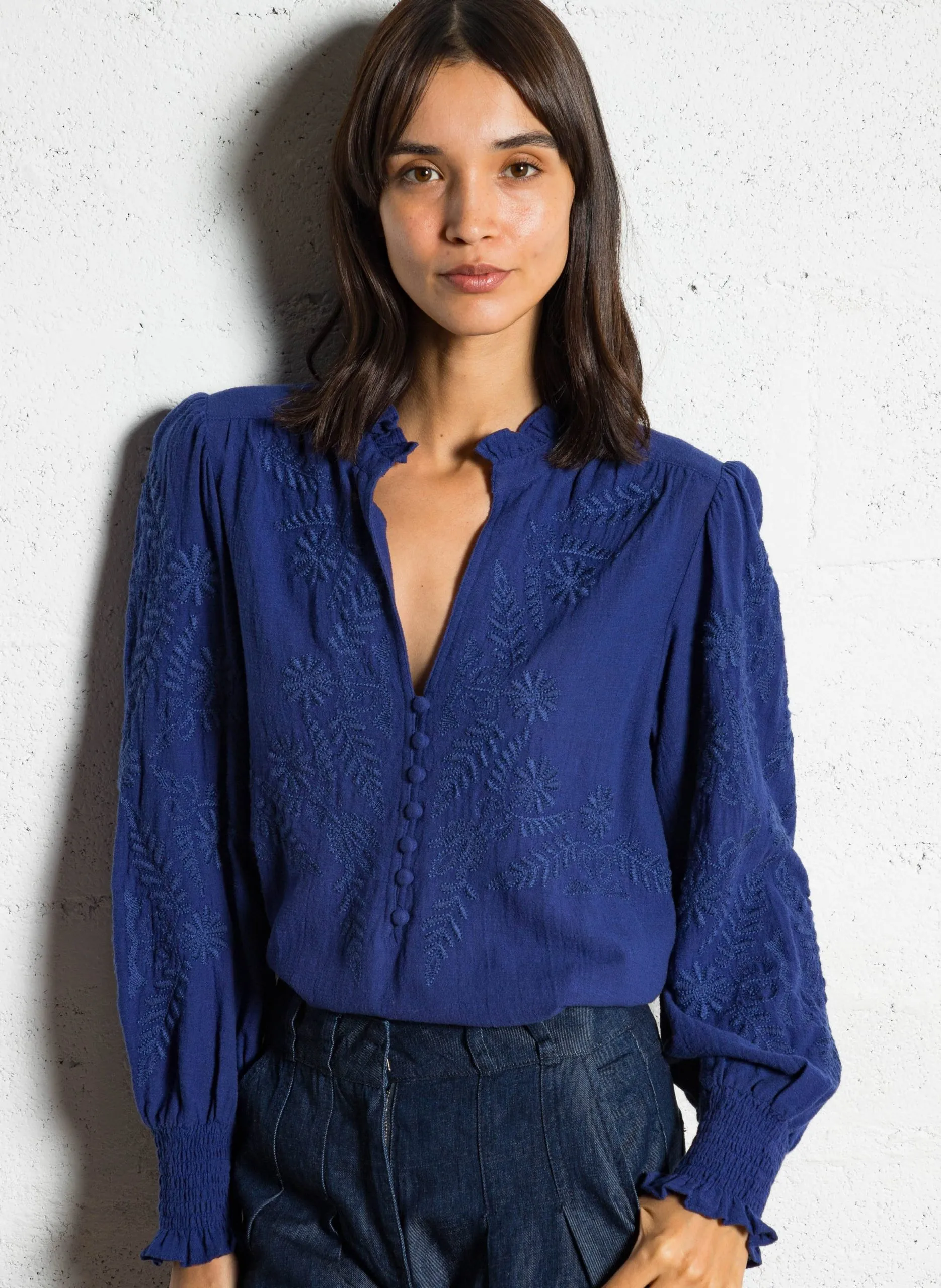 Baumwollbluse mit Rundhalsausschnitt Blau MALIA