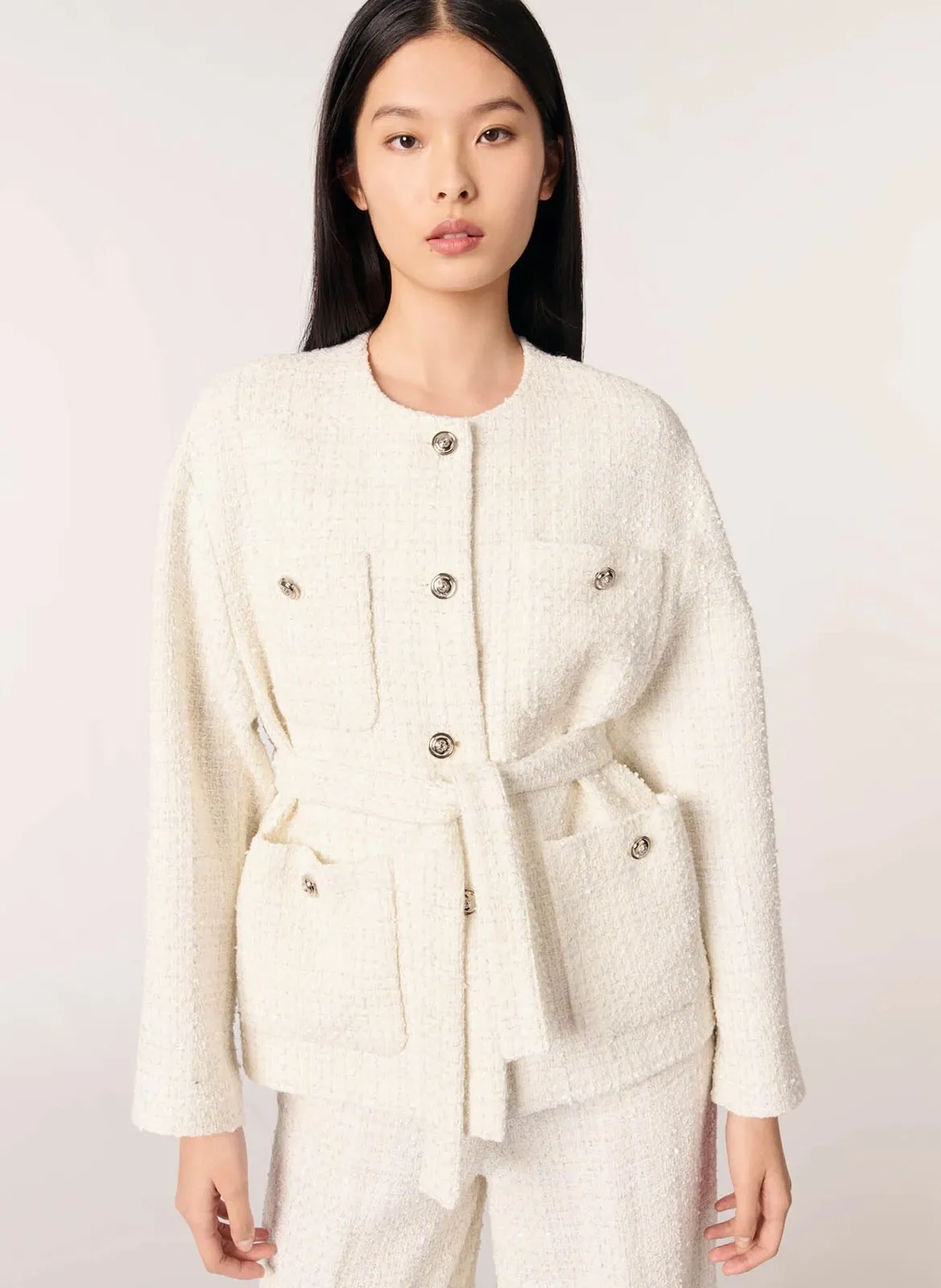 Gürteljacke aus glitzerndem Tweed Beige