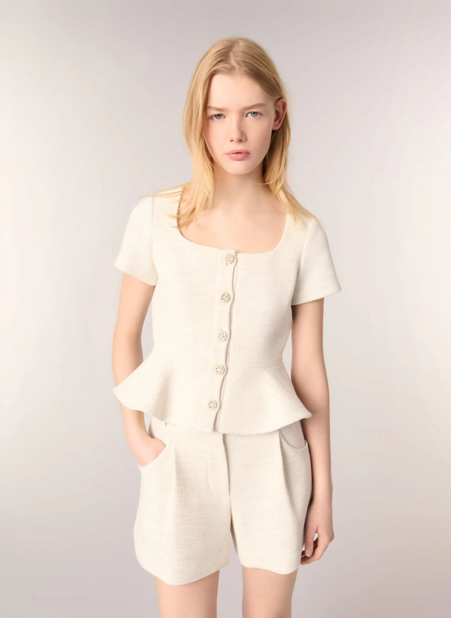 Tailliertes Top mit eckigem Ausschnitt aus Baumwollmischung Beige