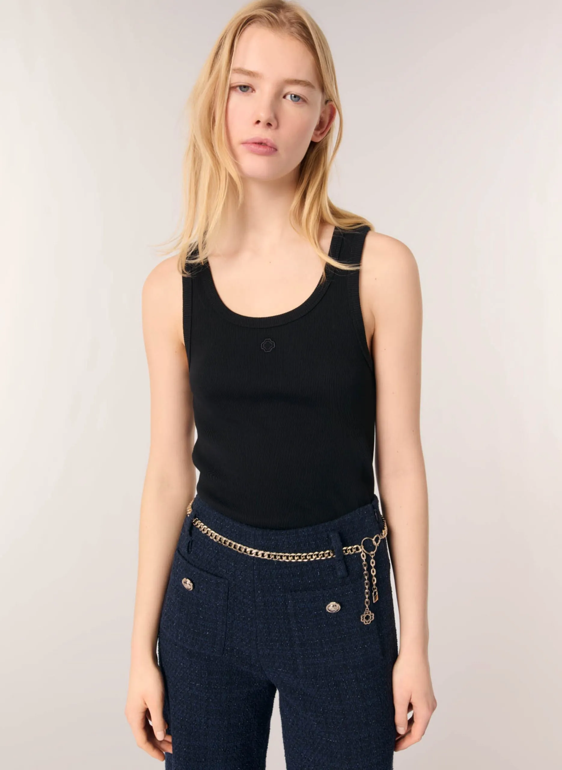 Gerade geschnittenes, geripptes Tanktop aus Baumwolle mit Rundhalsausschnitt Schwarz