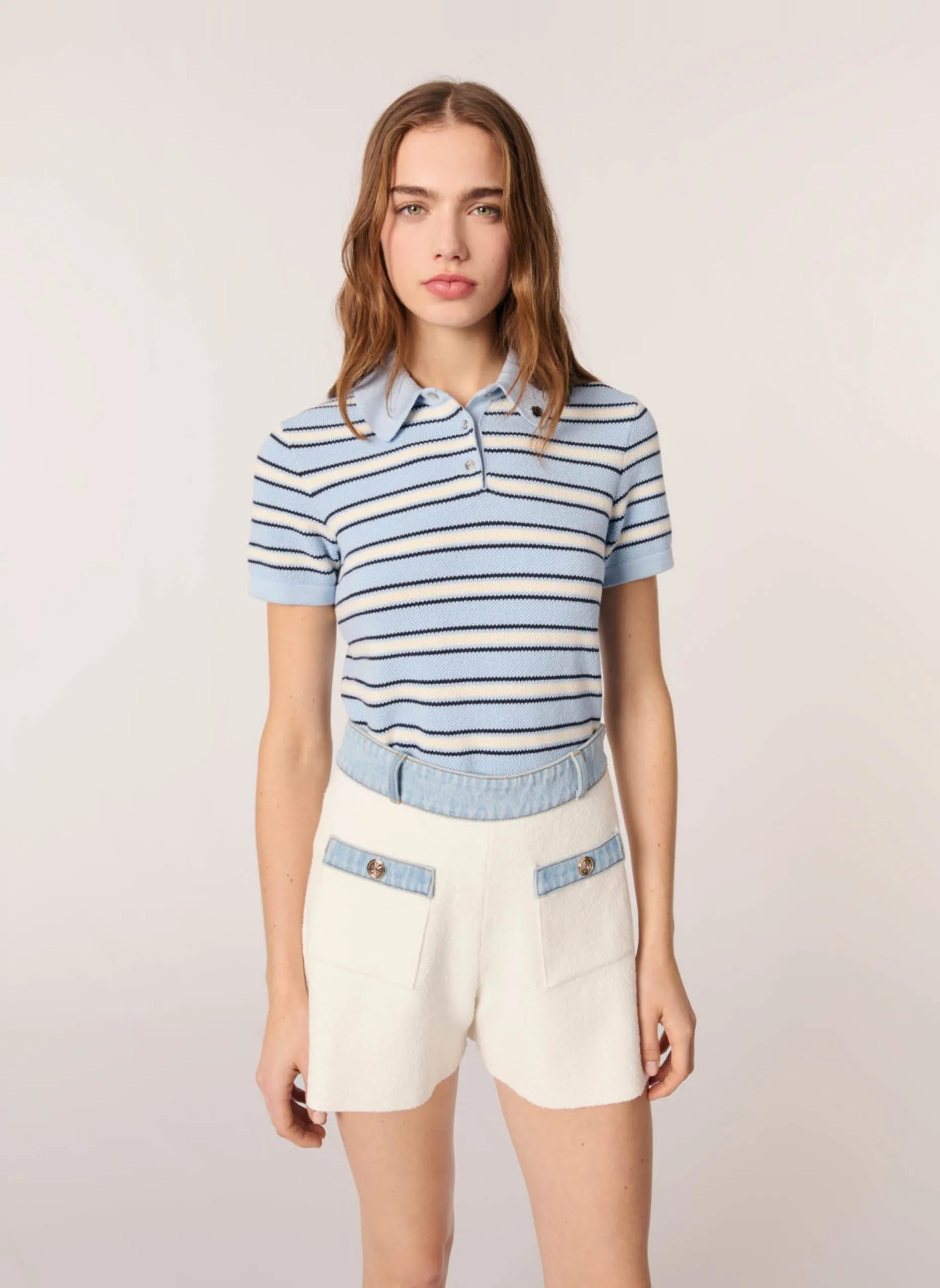 Shorts mit Details aus Denim in Baumwollstrick Beige