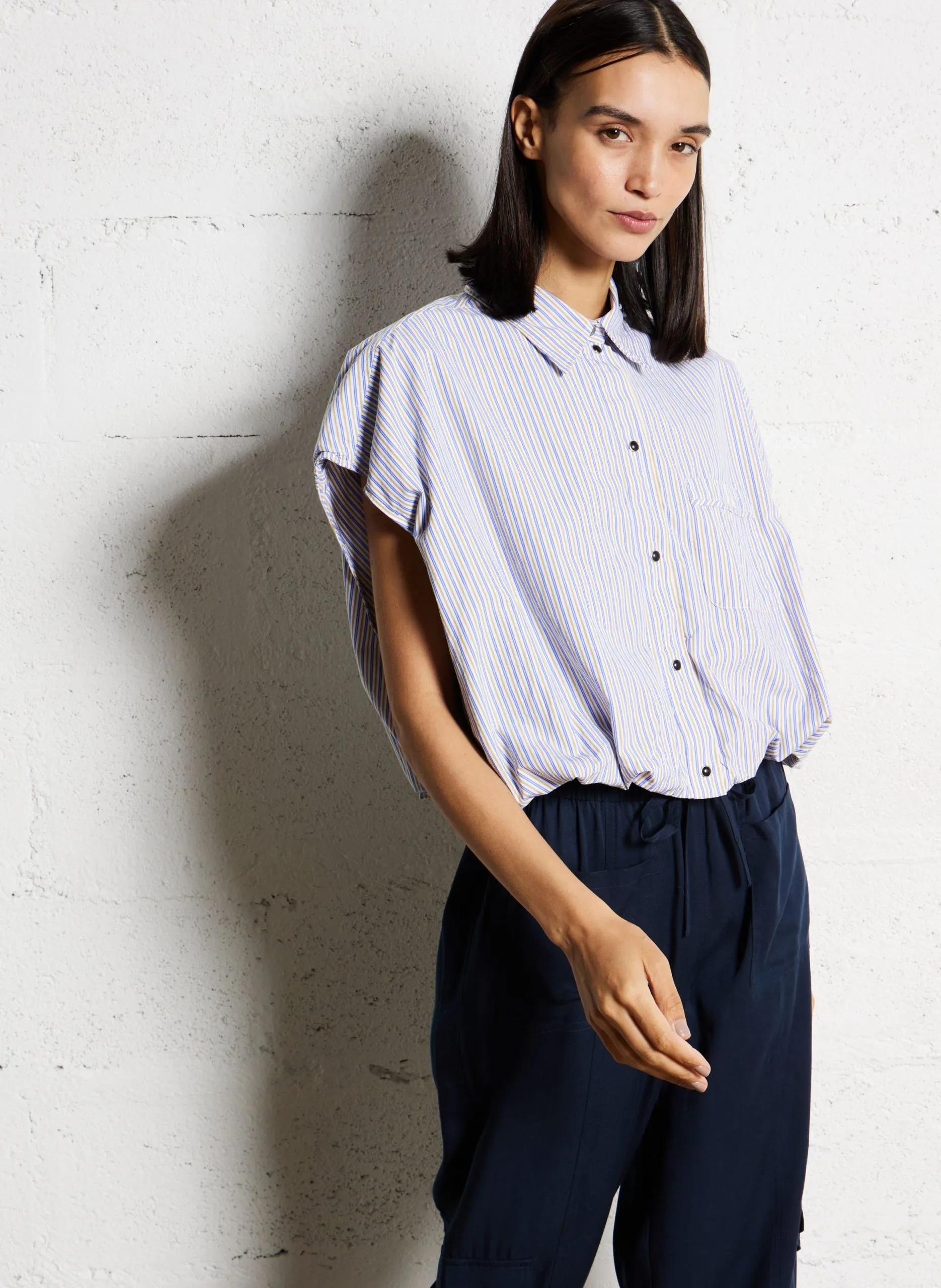 Gestreiftes ärmelloses Kurzarmhemd Weiss GREG