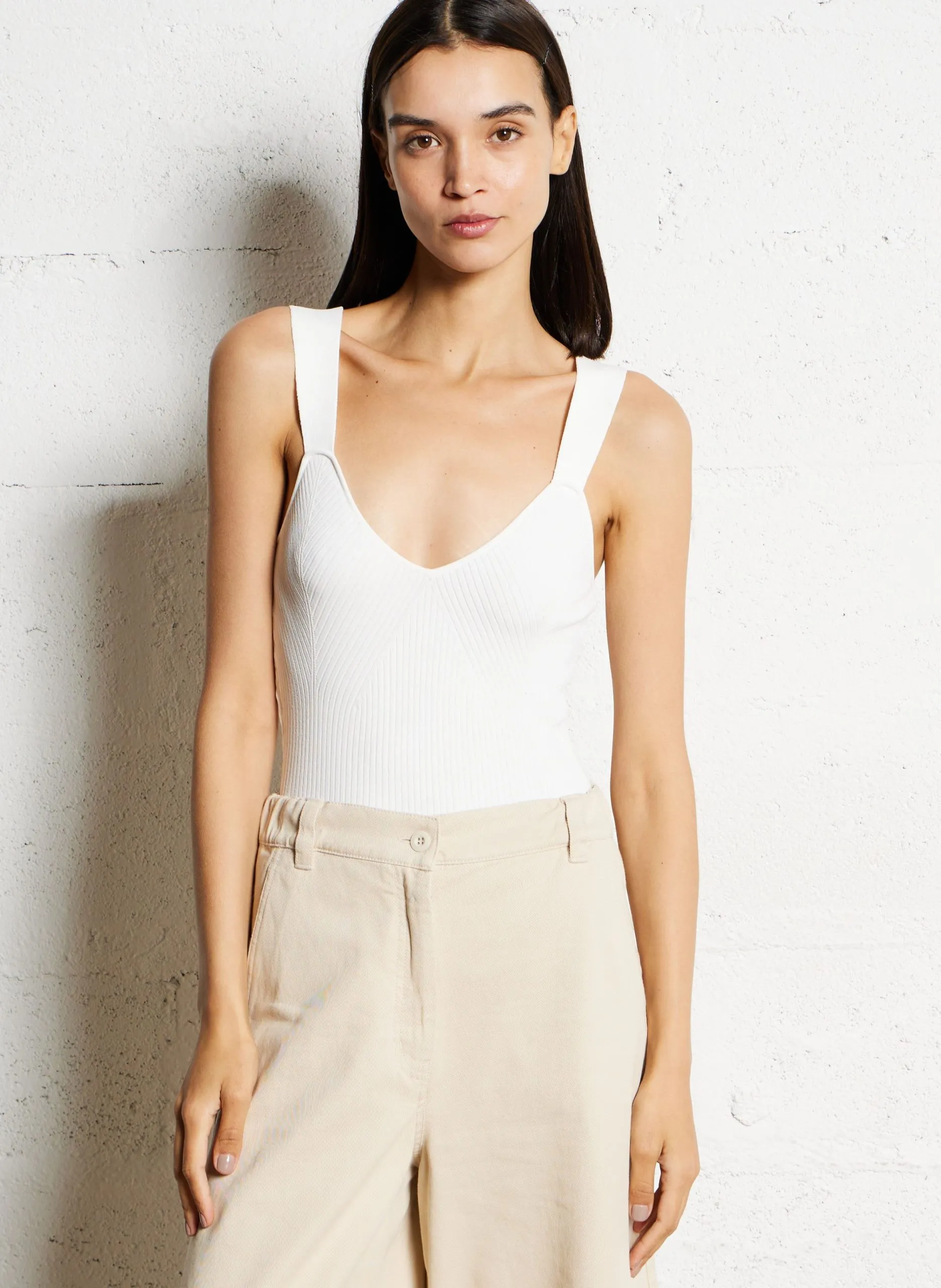 V-Ausschnitt-Body aus Strickware Beige MINDY