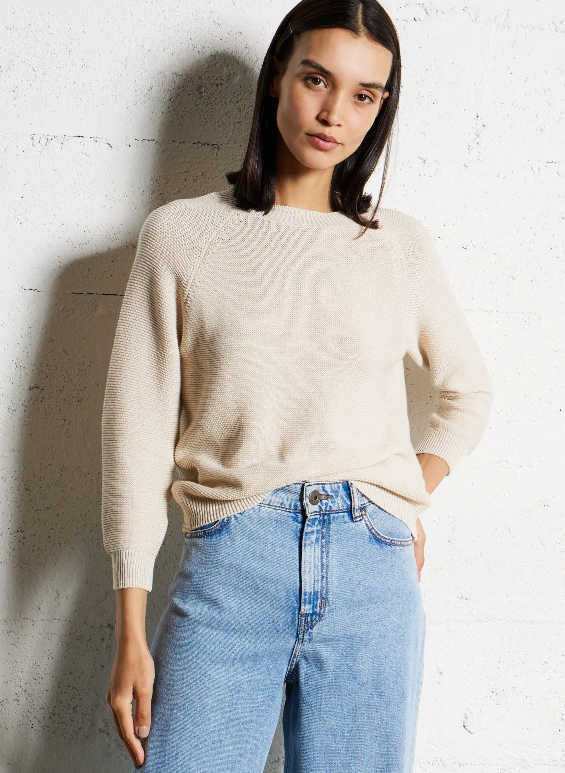 Rundhalsausschnitt-Pullover aus Perlenstrick Beige LINZ