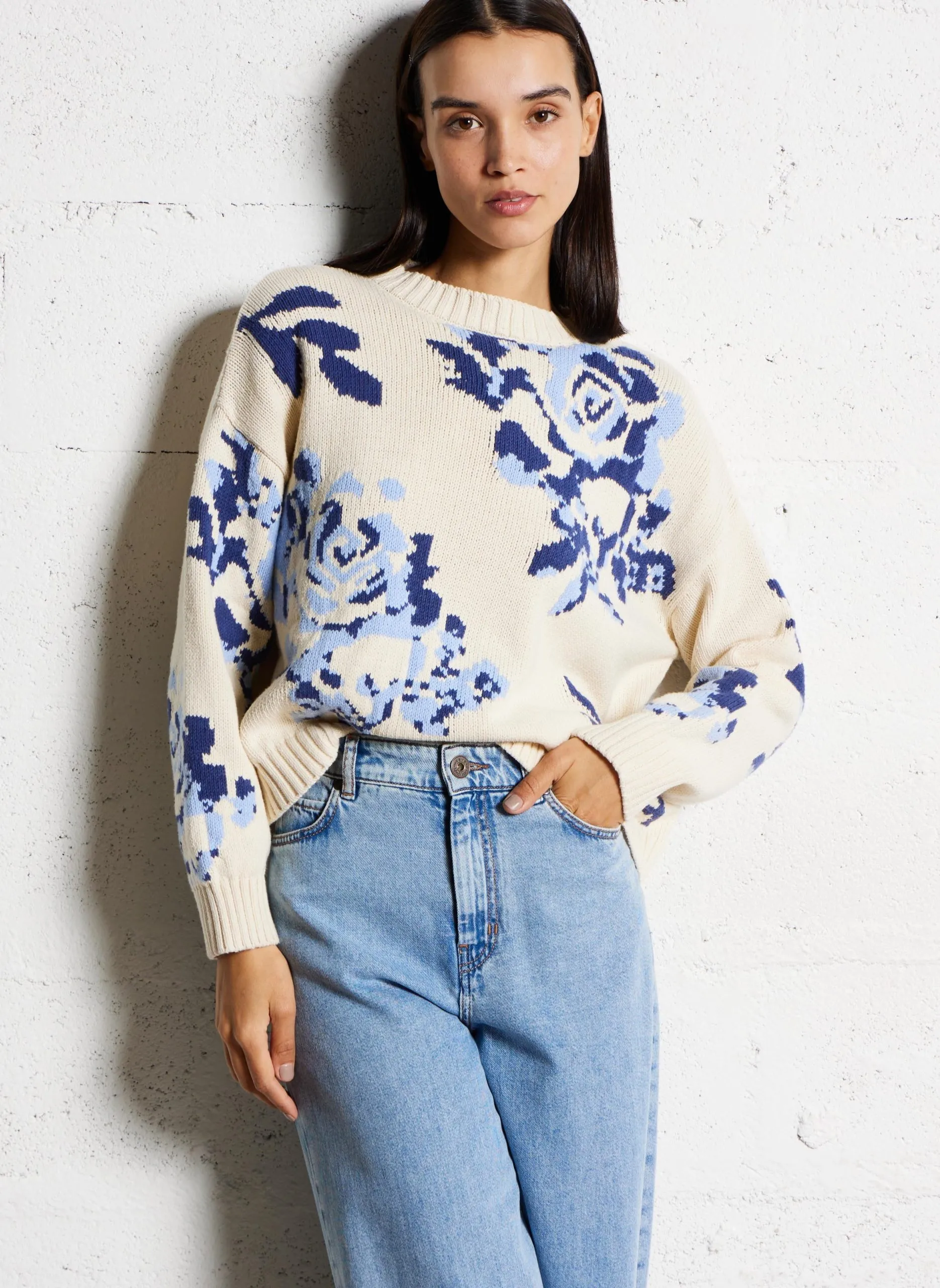 Gerade geschnittener Strickpullover mit Print Blau FABIAN