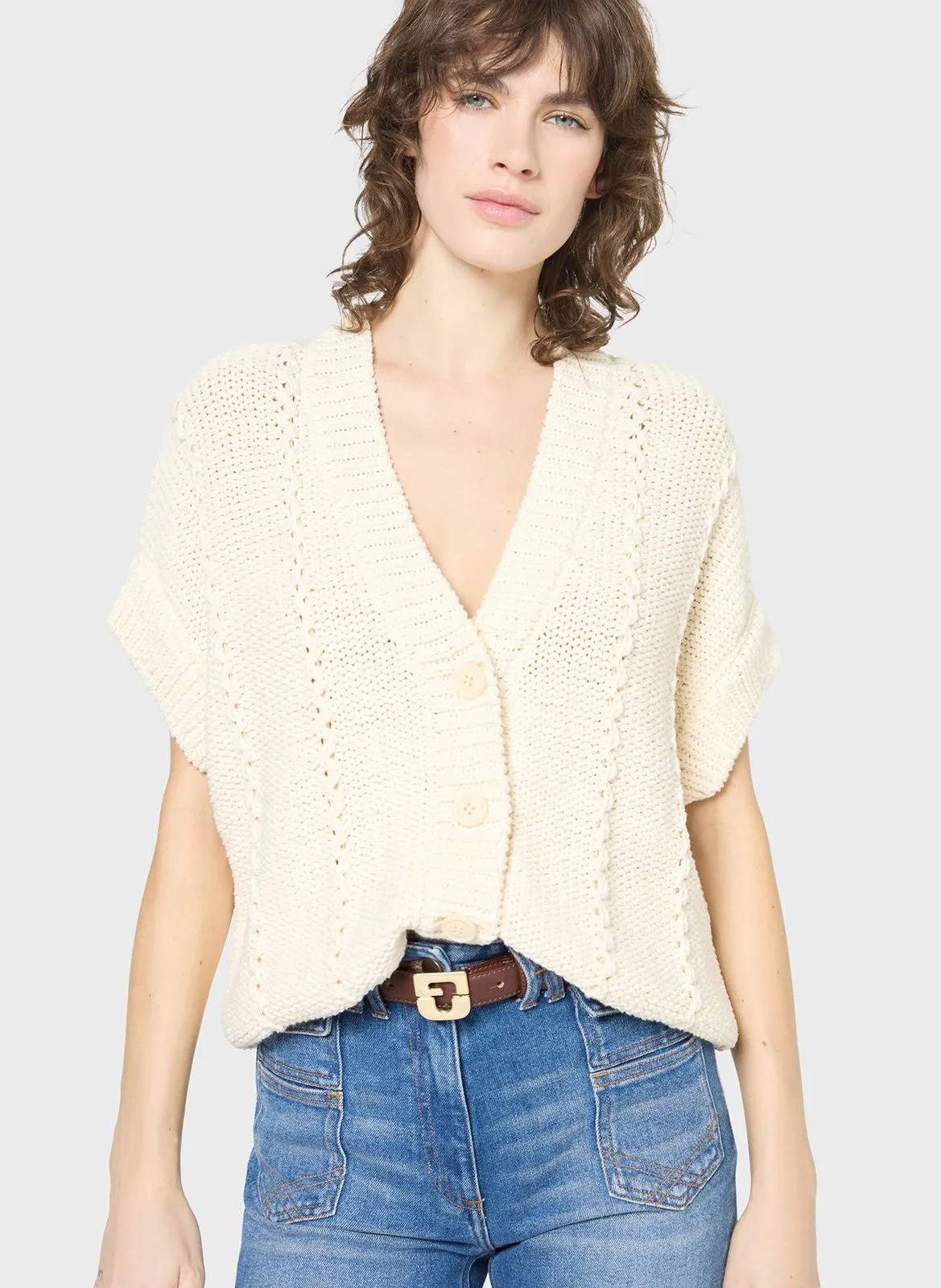 Darjee - Strickjacke mit V-Ausschnitt, Baumwoll-Mix Beige JOURNEY