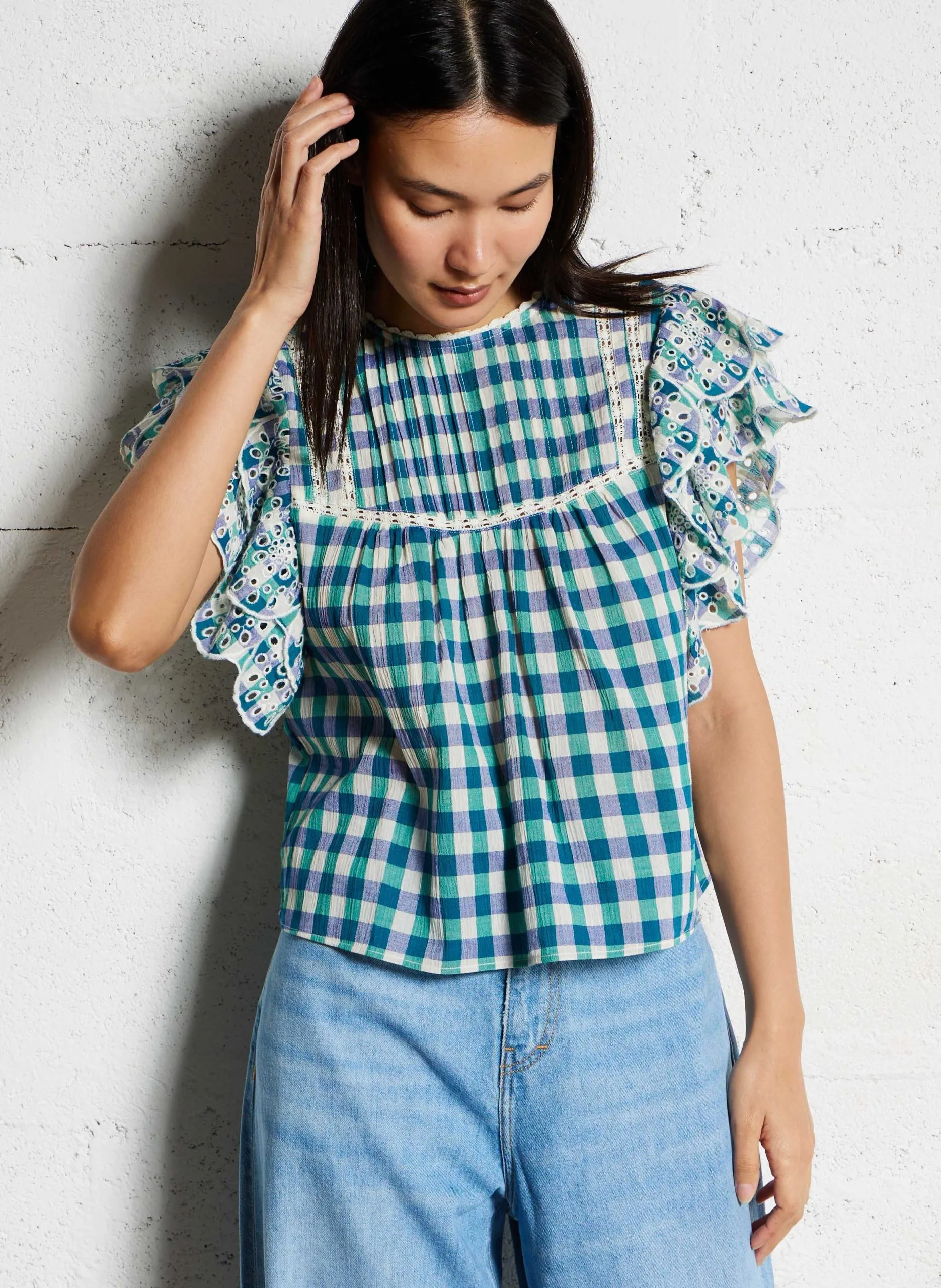 Ärmellose karierte Baumwollbluse Grun HUDALLA