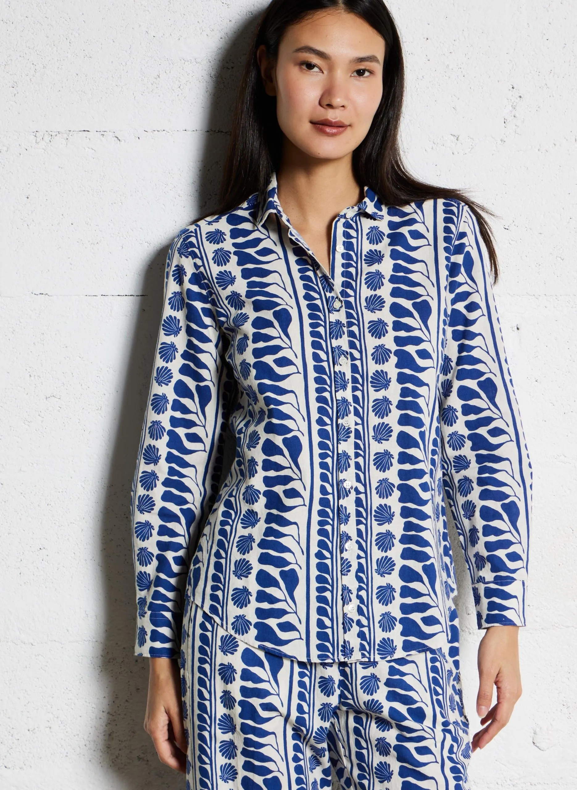 Bedrucktes Hemd aus Baumwolle und Leinen Blau CORAZON