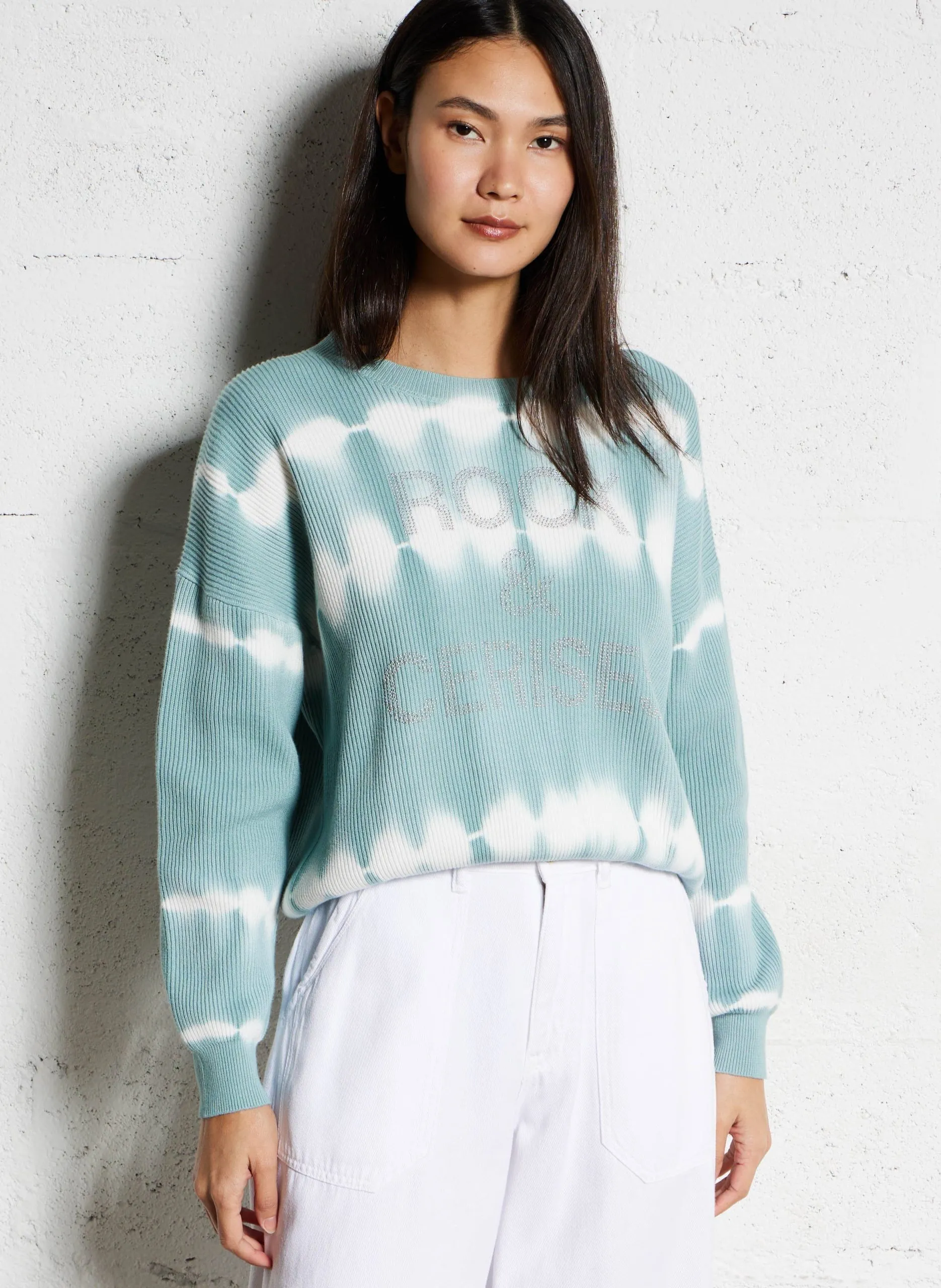 Gerade geschnittener Pullover aus gewirkter Baumwolle mit Strass Blau SUREAU