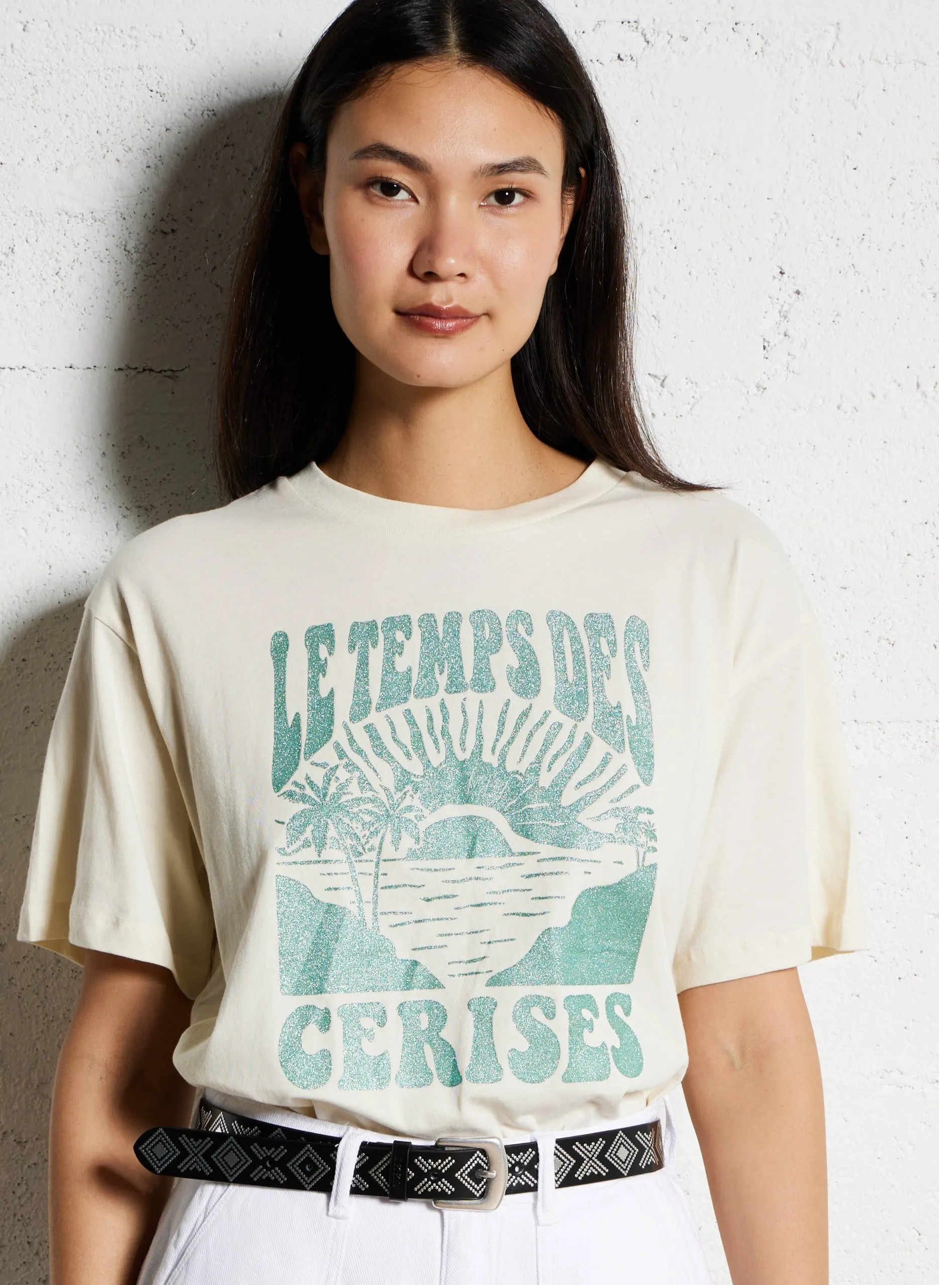 Gerade geschnittenes Rundhals-T-Shirt aus Baumwolle mit Siebdruck Weiss ILESSE