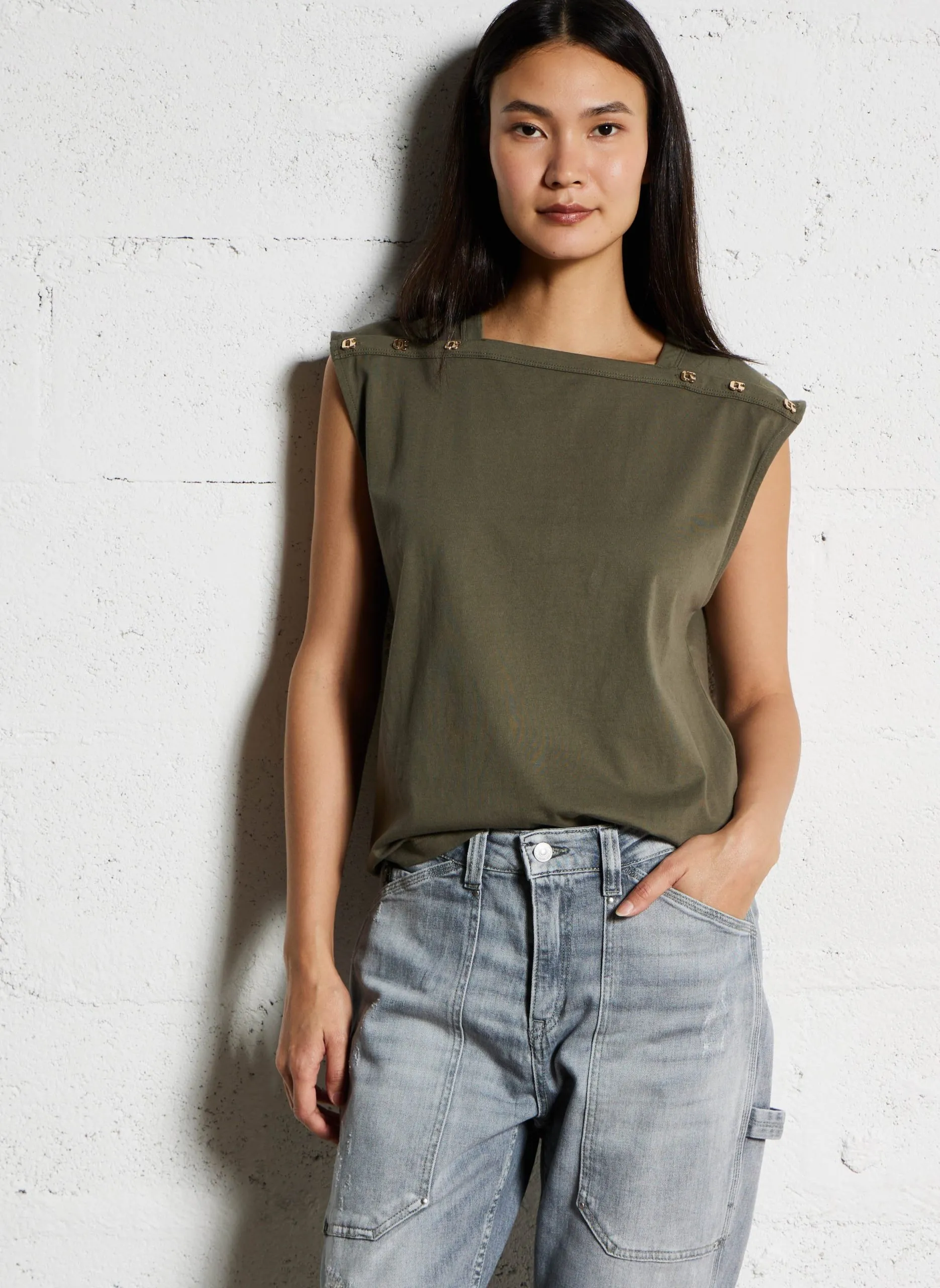 Baumwoll-T-Shirt mit eckigem Ausschnitt Grun MARINA