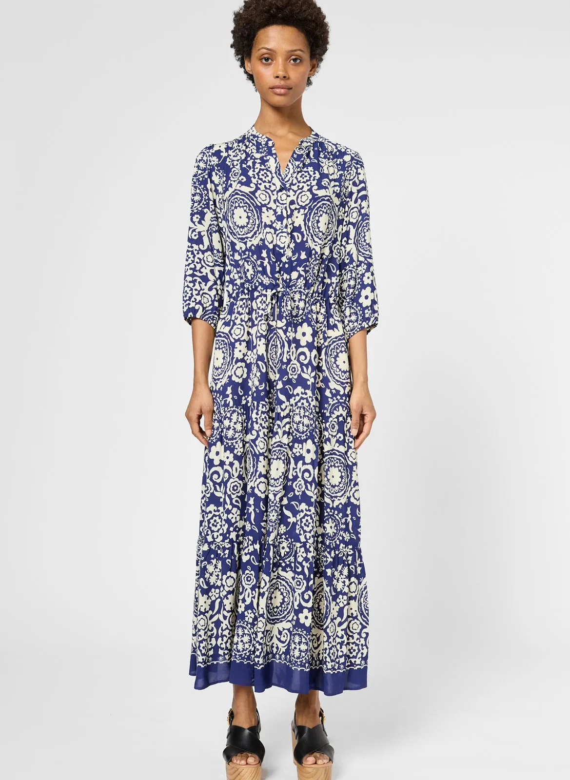 Bedrucktes langes Kleid mit 3/4-Ärmeln Blau PHILIA