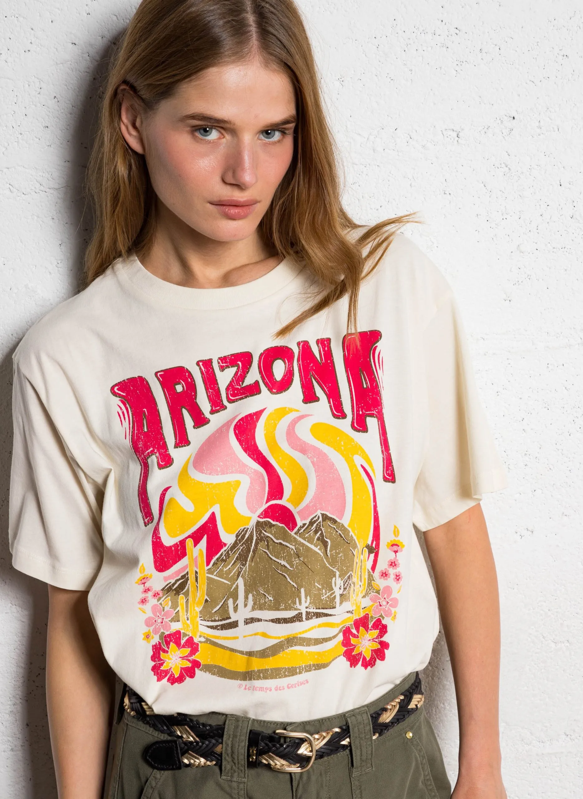 Gerade geschnittenes Rundhals-T-Shirt aus Baumwolle mit Siebdruck Weiss ANEMA