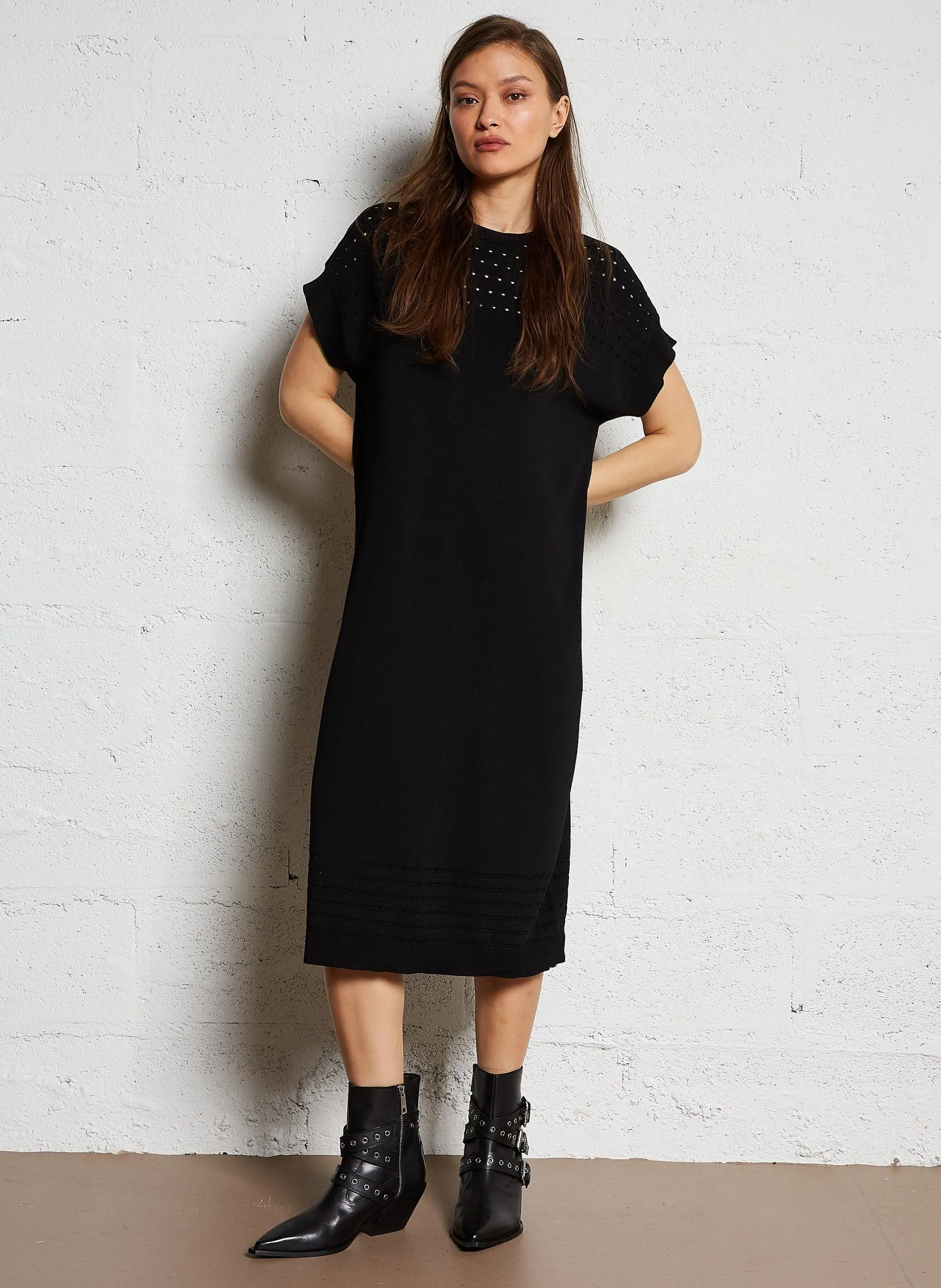 Durchbrochenes Midi-Kleid Schwarz