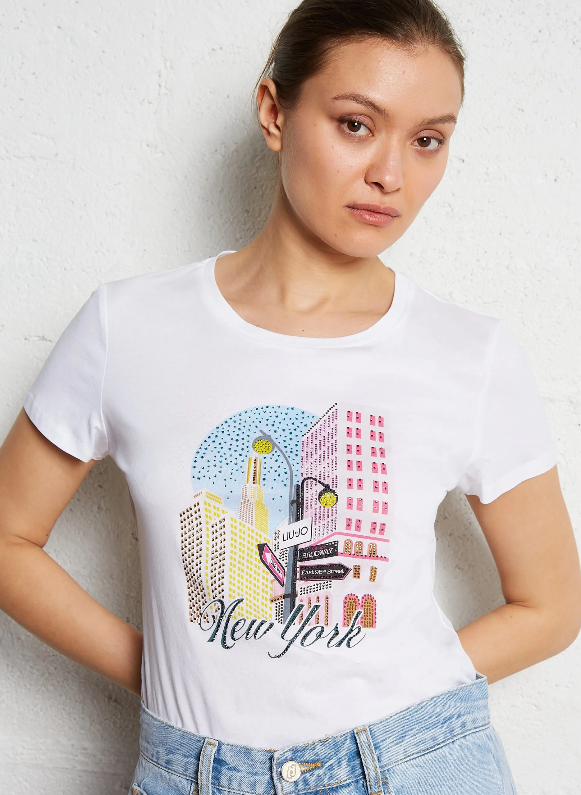 T-Shirt mit Rundhalsausschnitt und Strass aus Baumwolle Weiss