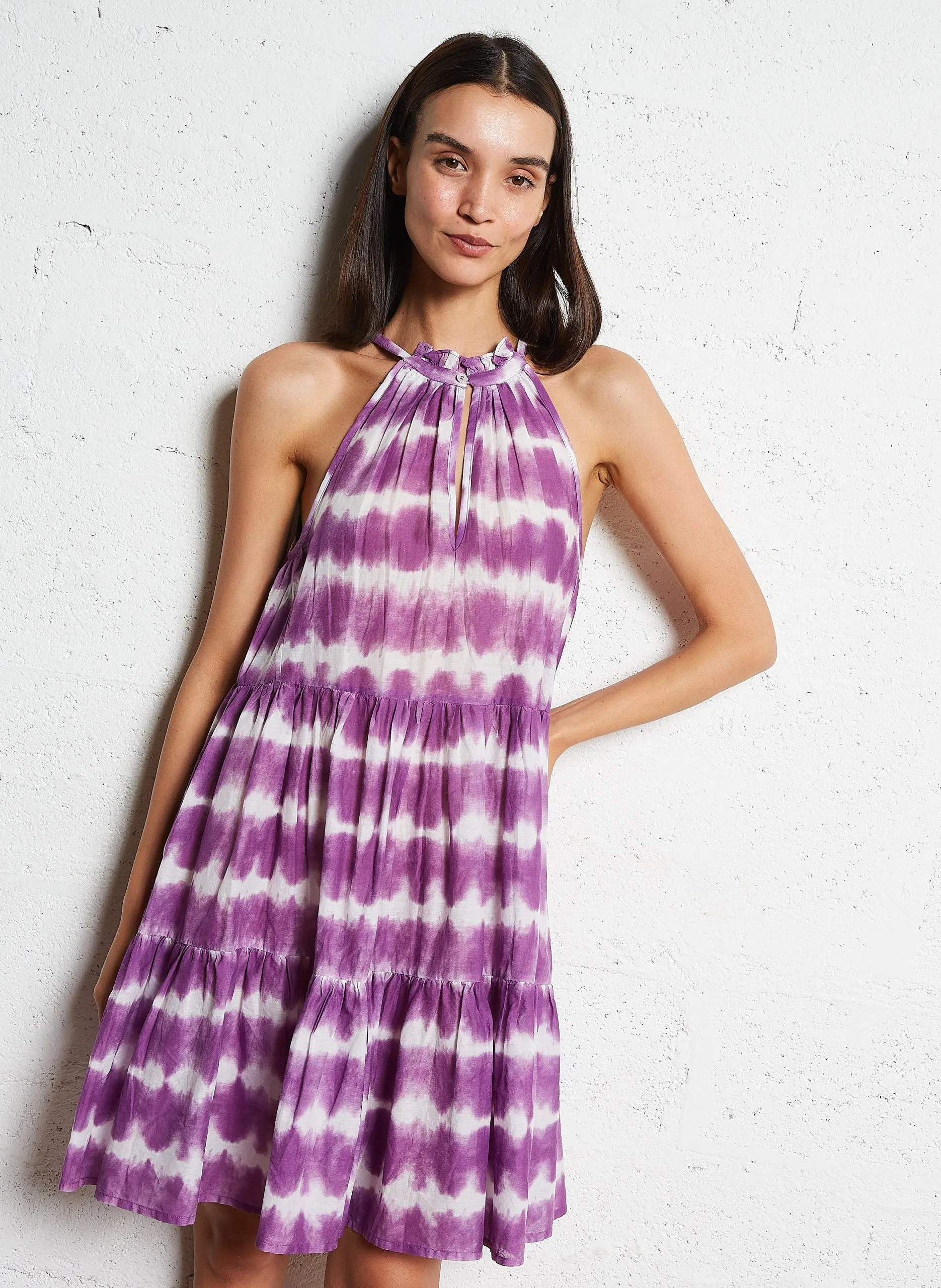 Kurzes Kleid mit Volants im Tie-Dye-Look Violett ROSA