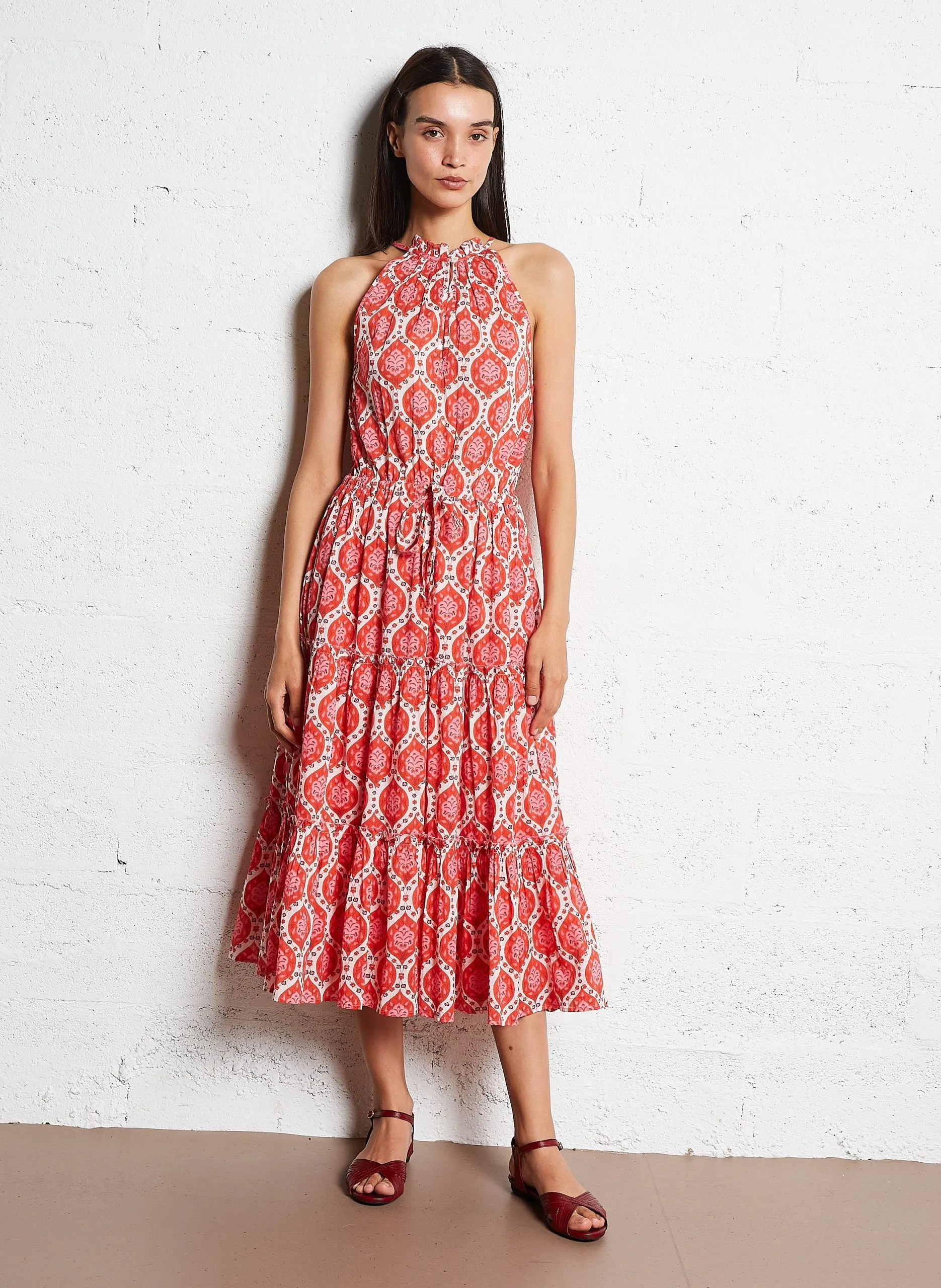 Langes Baumwollkleid mit Print Rot RITU