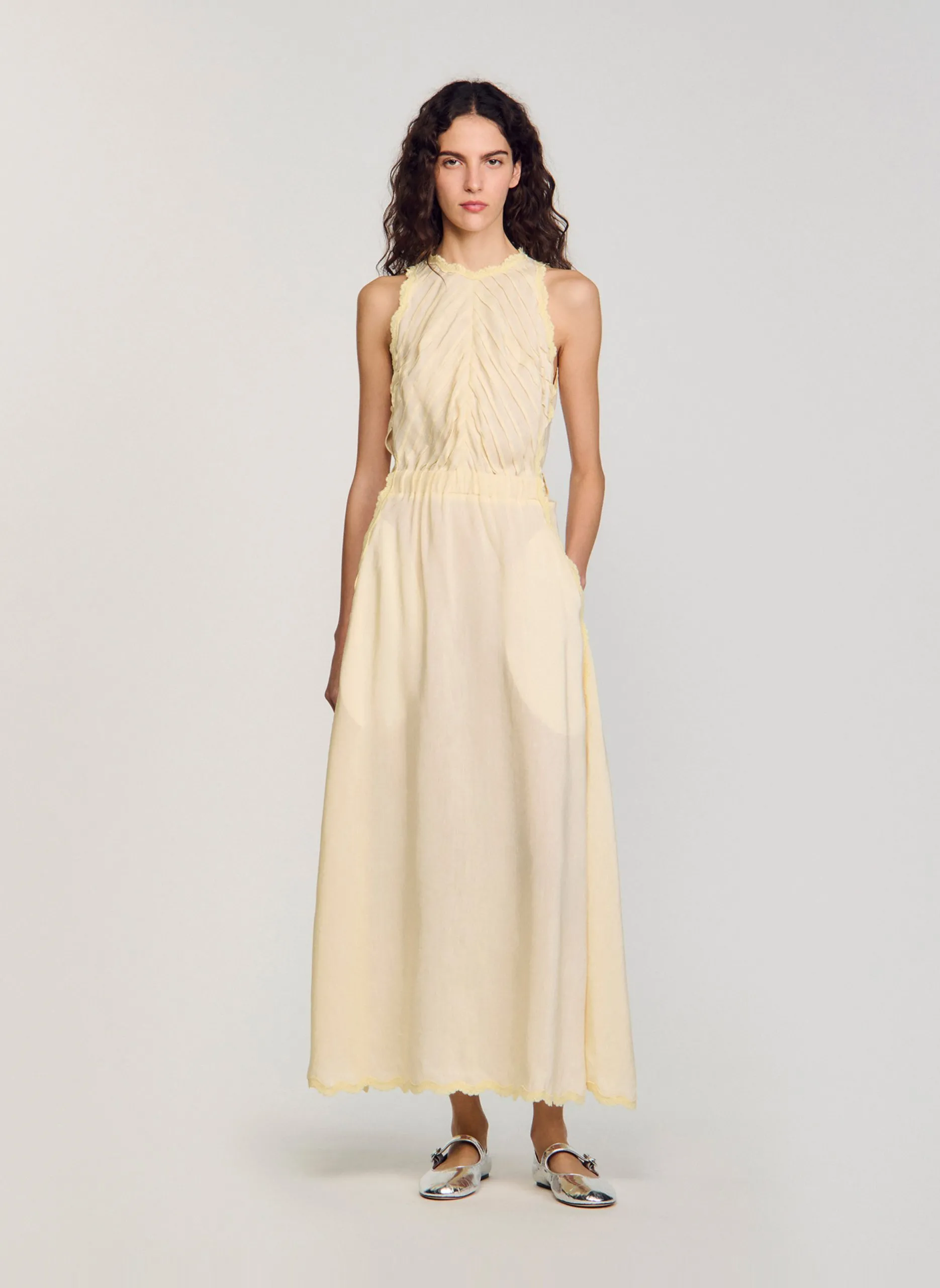 Taillierte lange Leinenmischungskleid Gelb