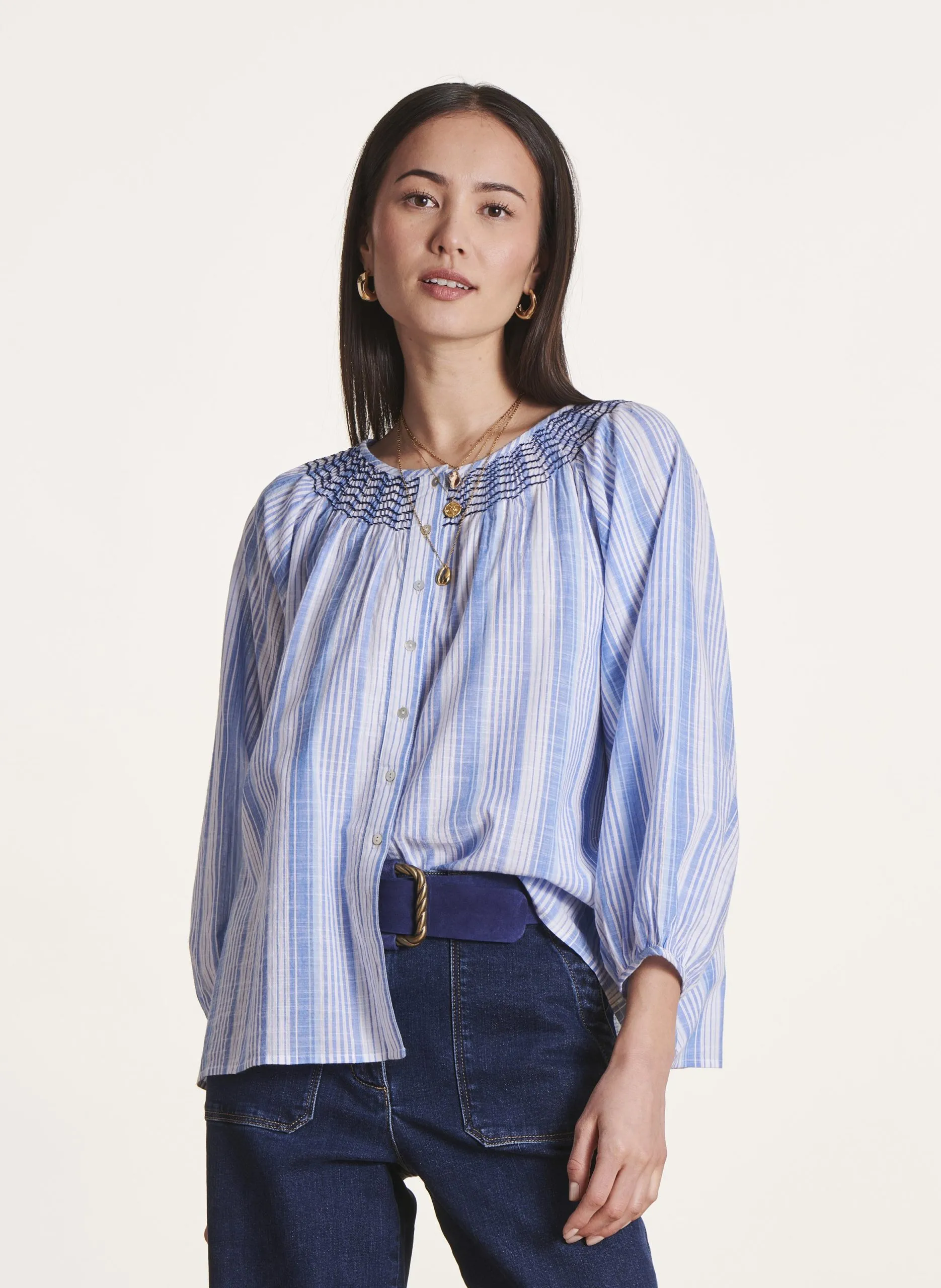 Weite Streifenbluse aus Baumwolle Blau