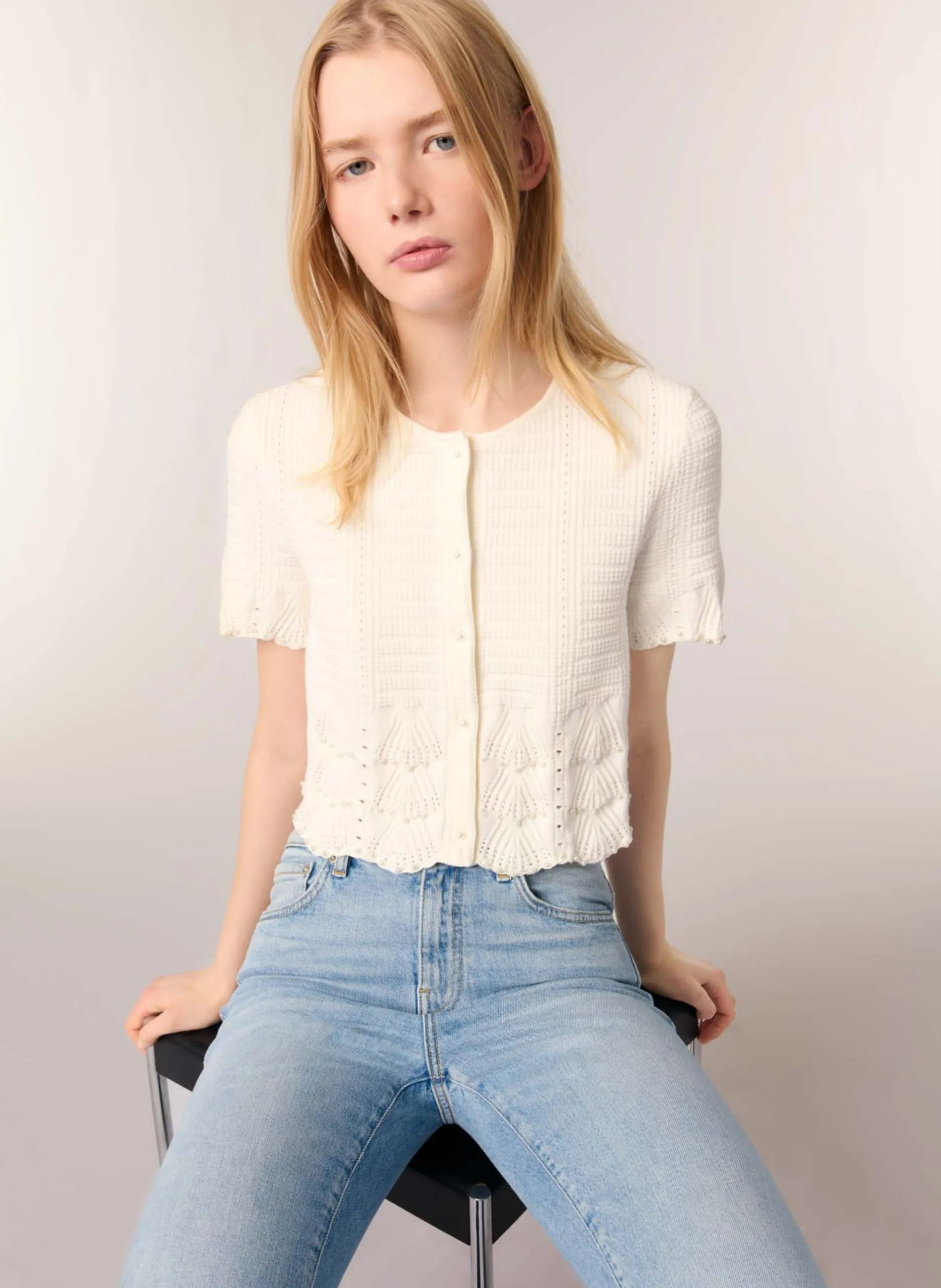 Gerader Cardigan aus Baumwollmischung Weiss