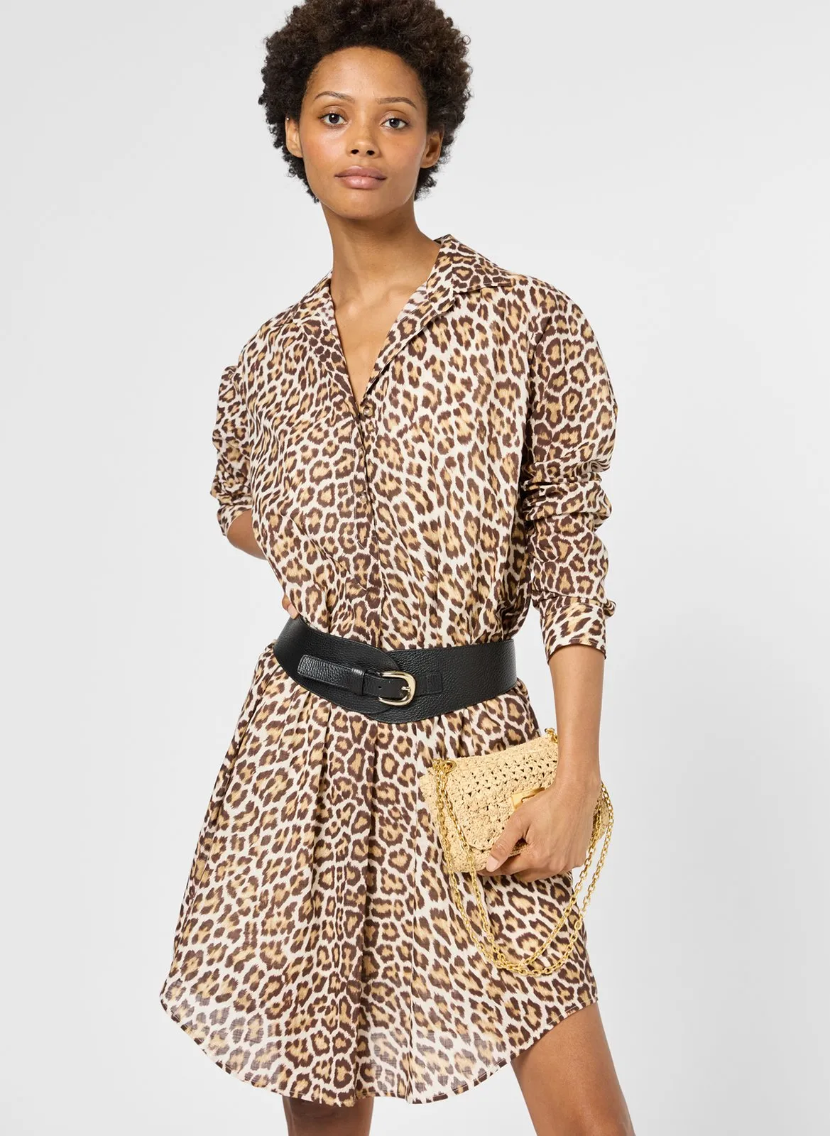 Ausgestelltes Baumwoll-Kurzkleid mit klassischem Kragen Braun PINA