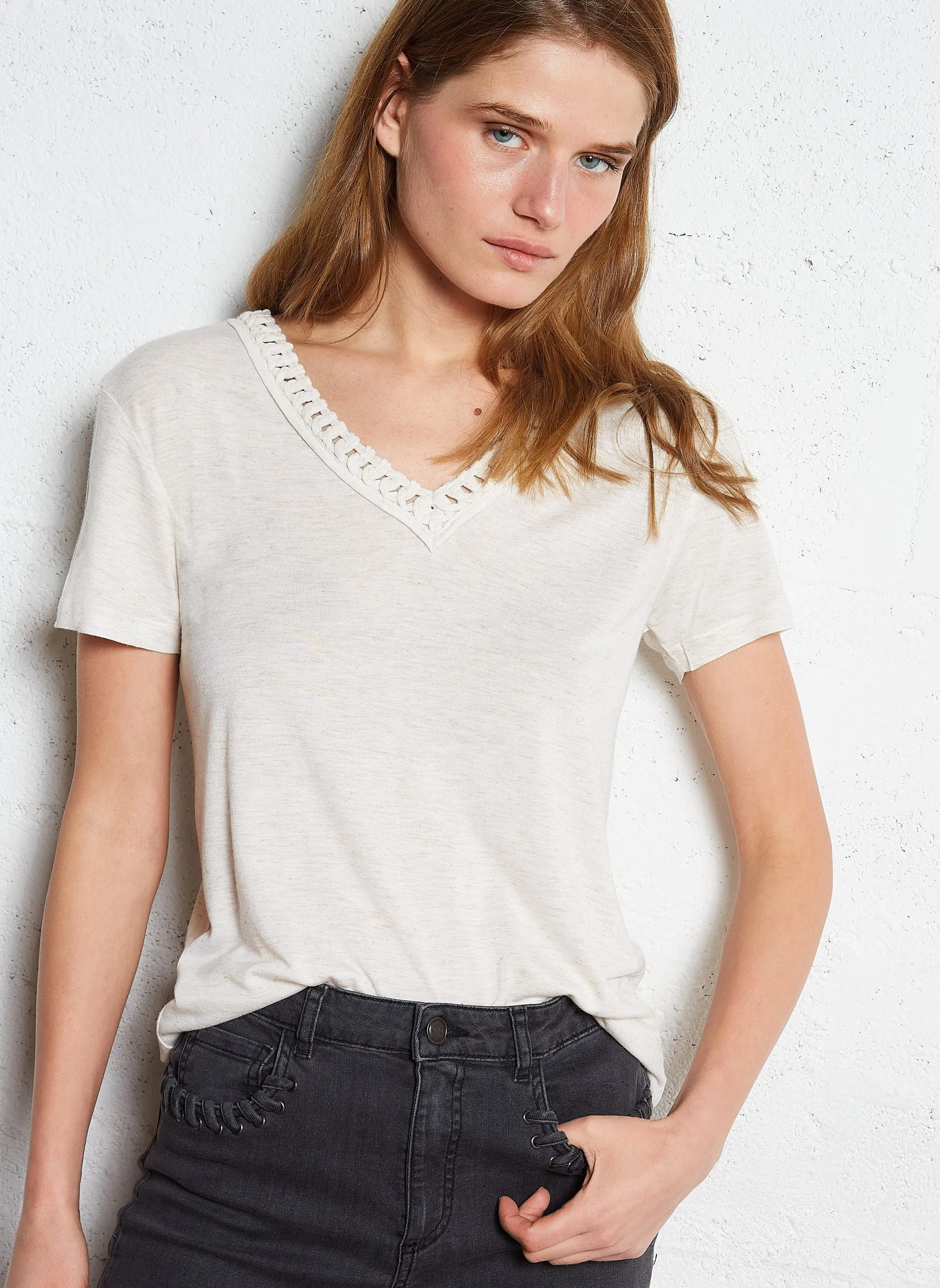 T-Shirt mit kurzen Ärmeln meliert Weiss