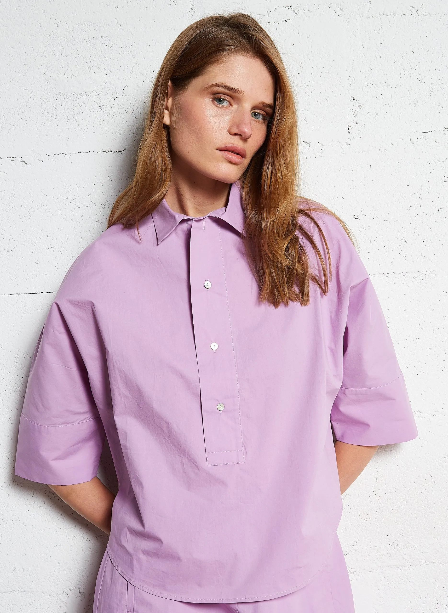 Oversize-Top aus Baumwoll-Popeline mit Knöpfen Violett NADIA