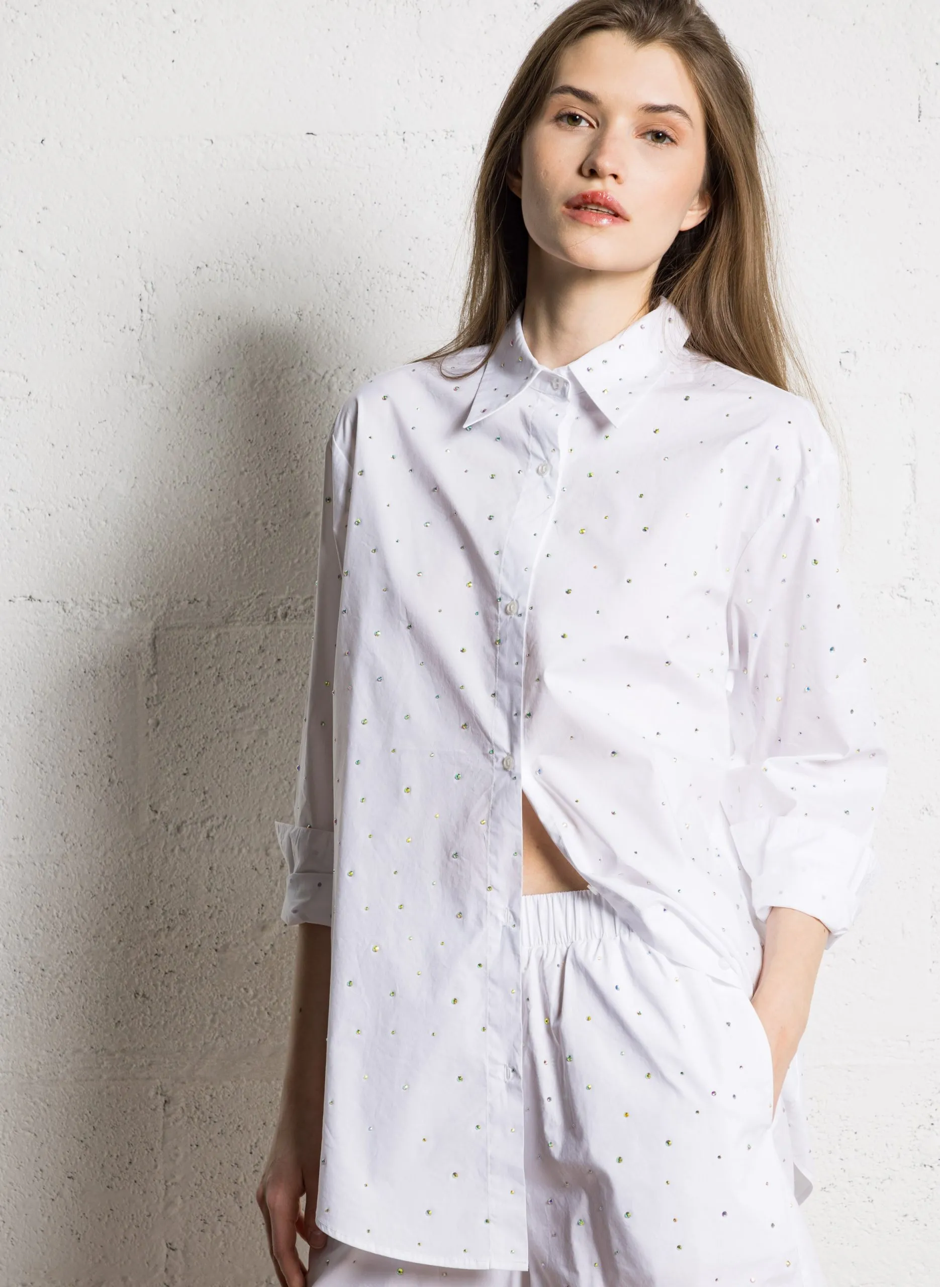 Oversize-Baumwollbluse mit Strassbesatz Weiss COMINO