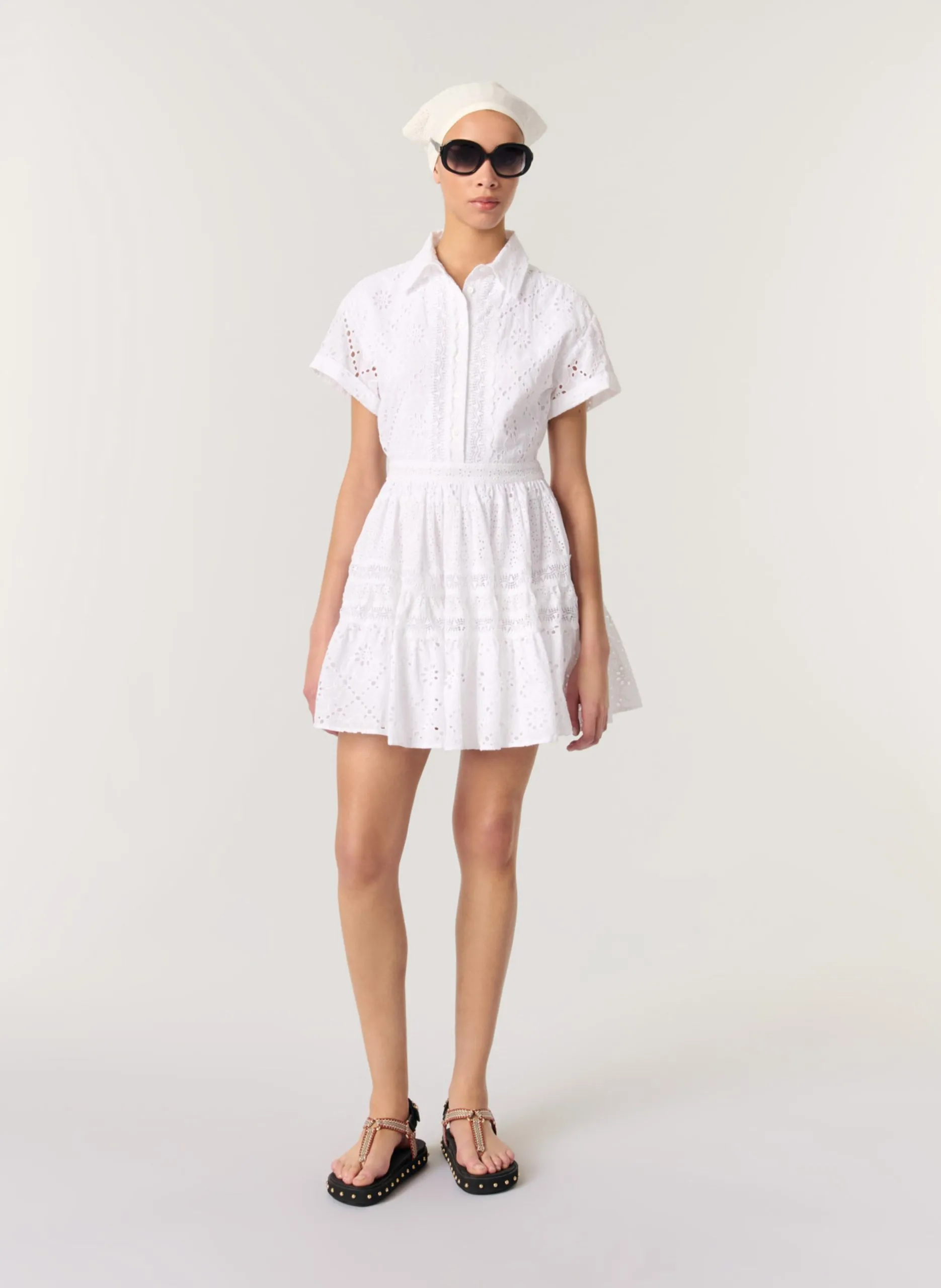 Tailliertes Baumwoll-Kurzkleid Weiss