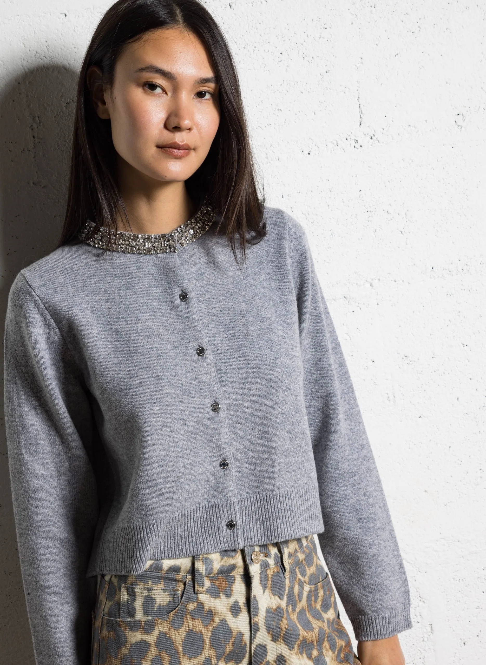 Strickjacke aus Wolle mit Rundhalsausschnitt Grau MGIDIAMOND