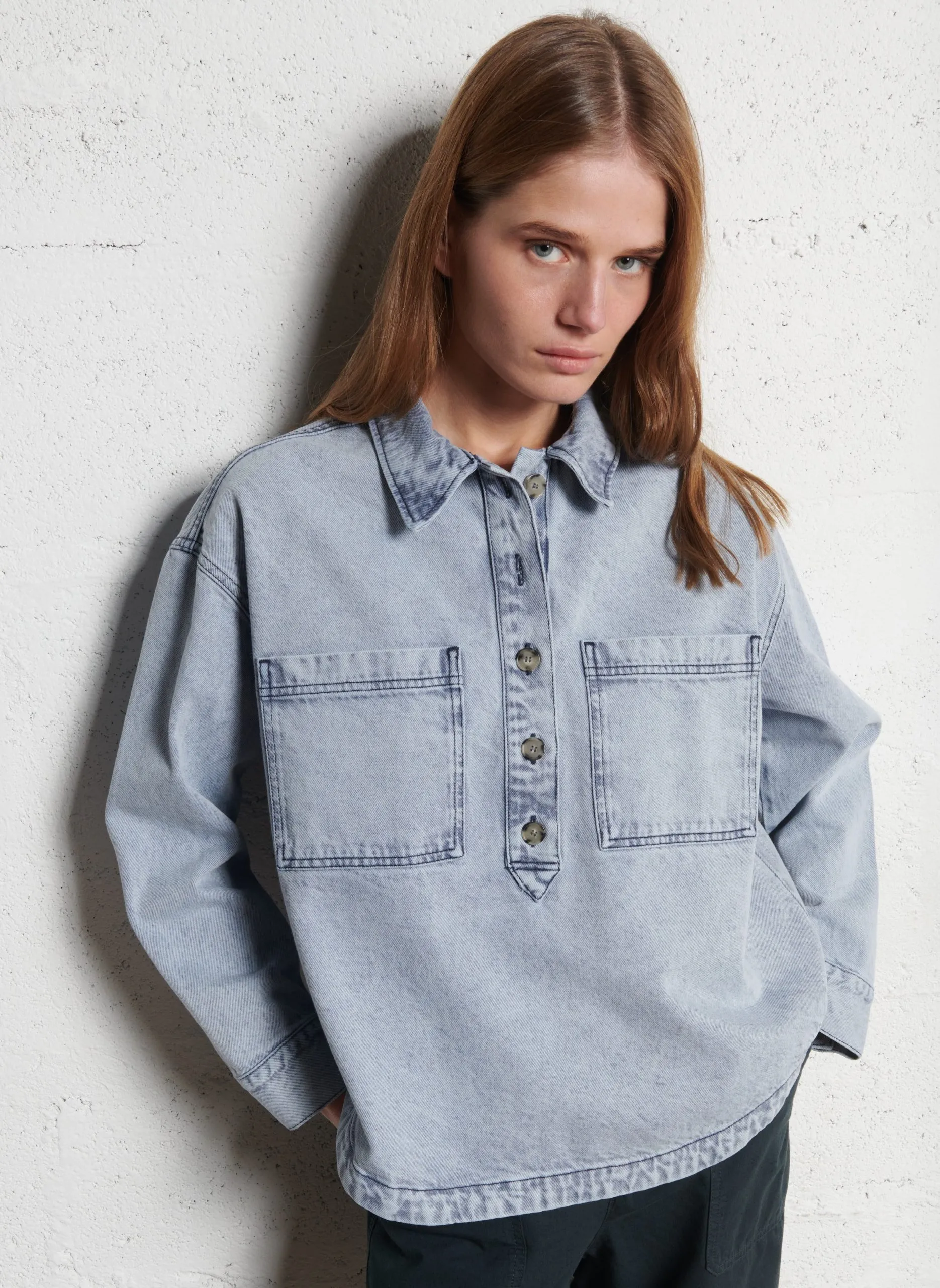 Weite Jeansbluse in verwaschenem Denim Blau QUEBEC1