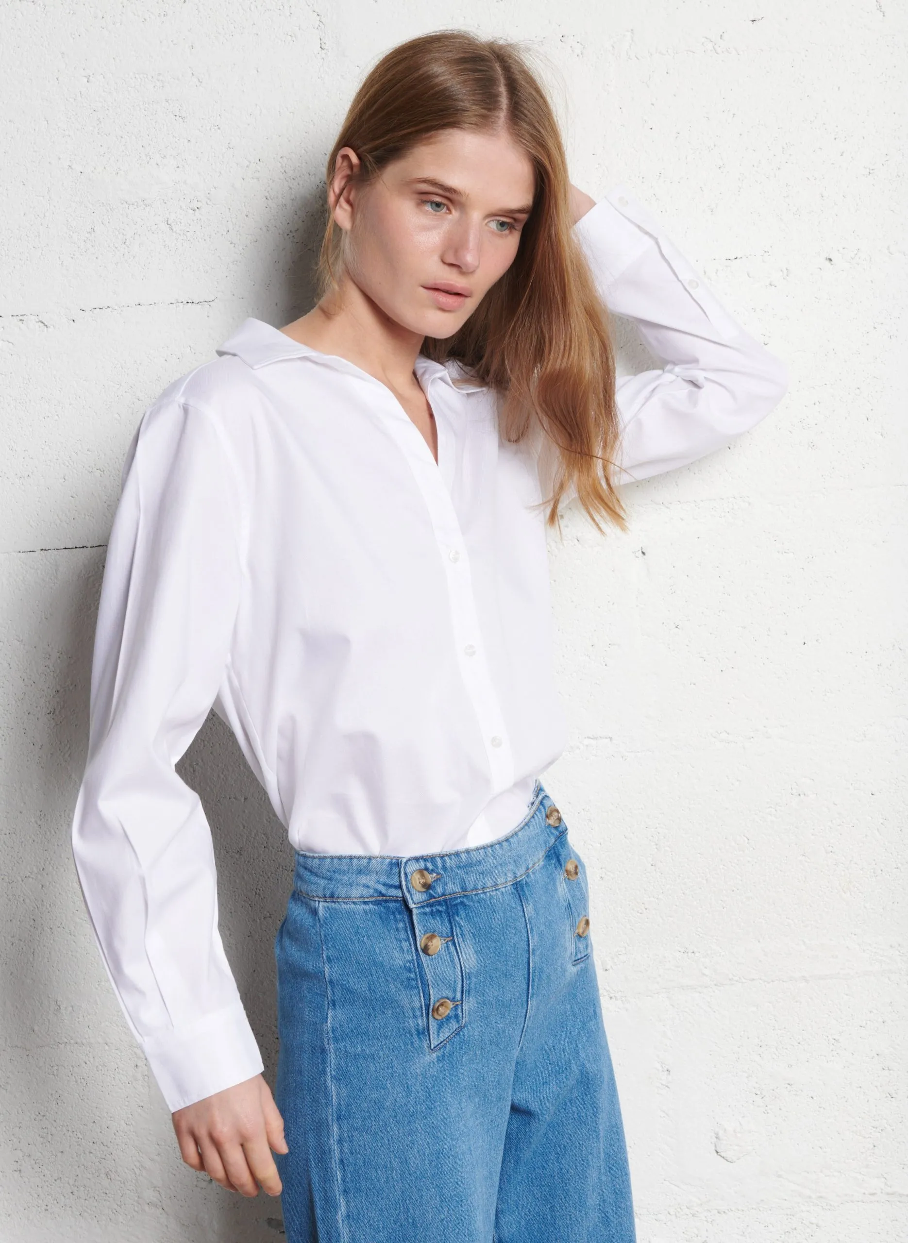 Weite Baumwollbluse mit klassischem Kragen Weiss MANDIE