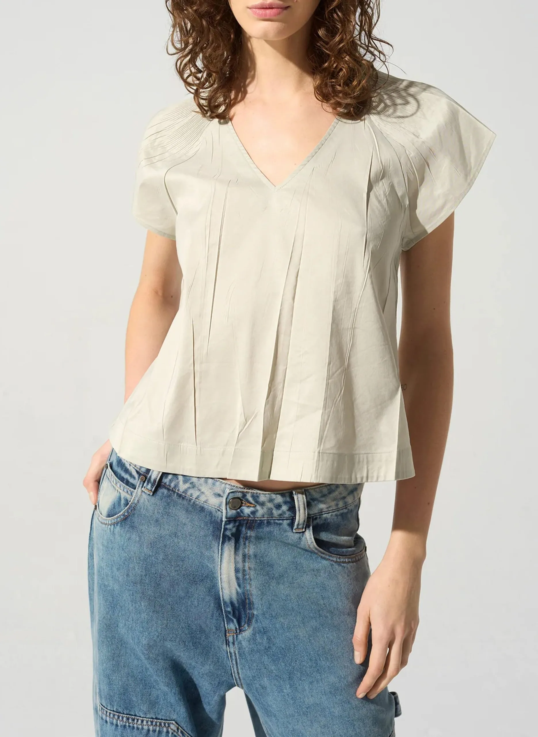 Bluse aus Baumwoll-Mix mit V-Ausschnitt Beige