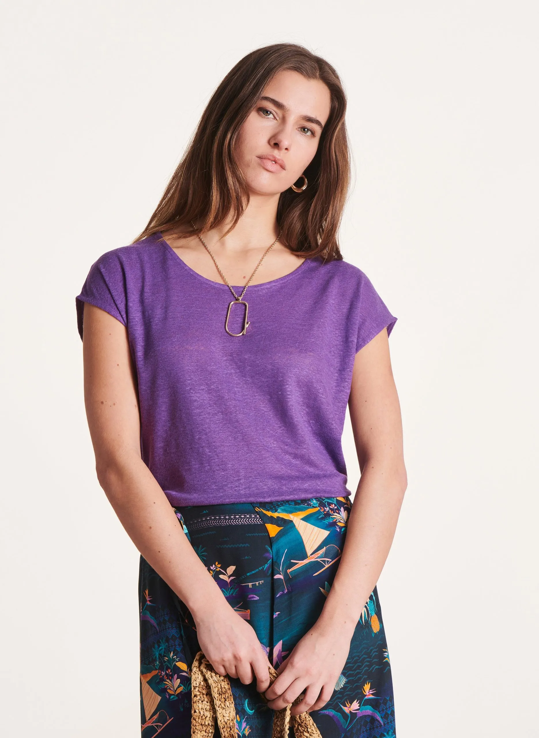 Gerade geschnittenes, meliertes Leinen-T-Shirt Violett