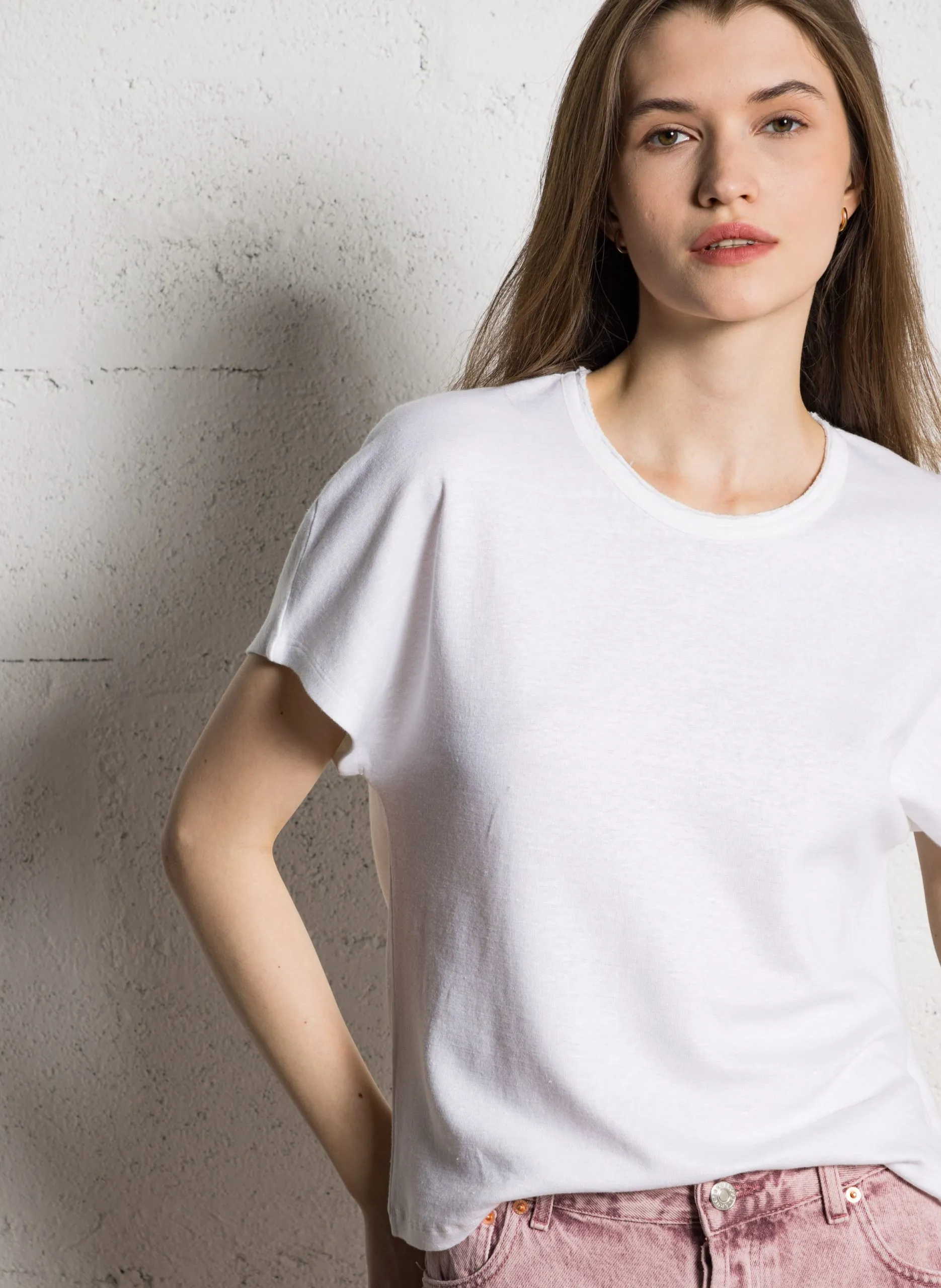 T-Shirt mit weiten kurzen Ärmeln aus Leinen Weiss