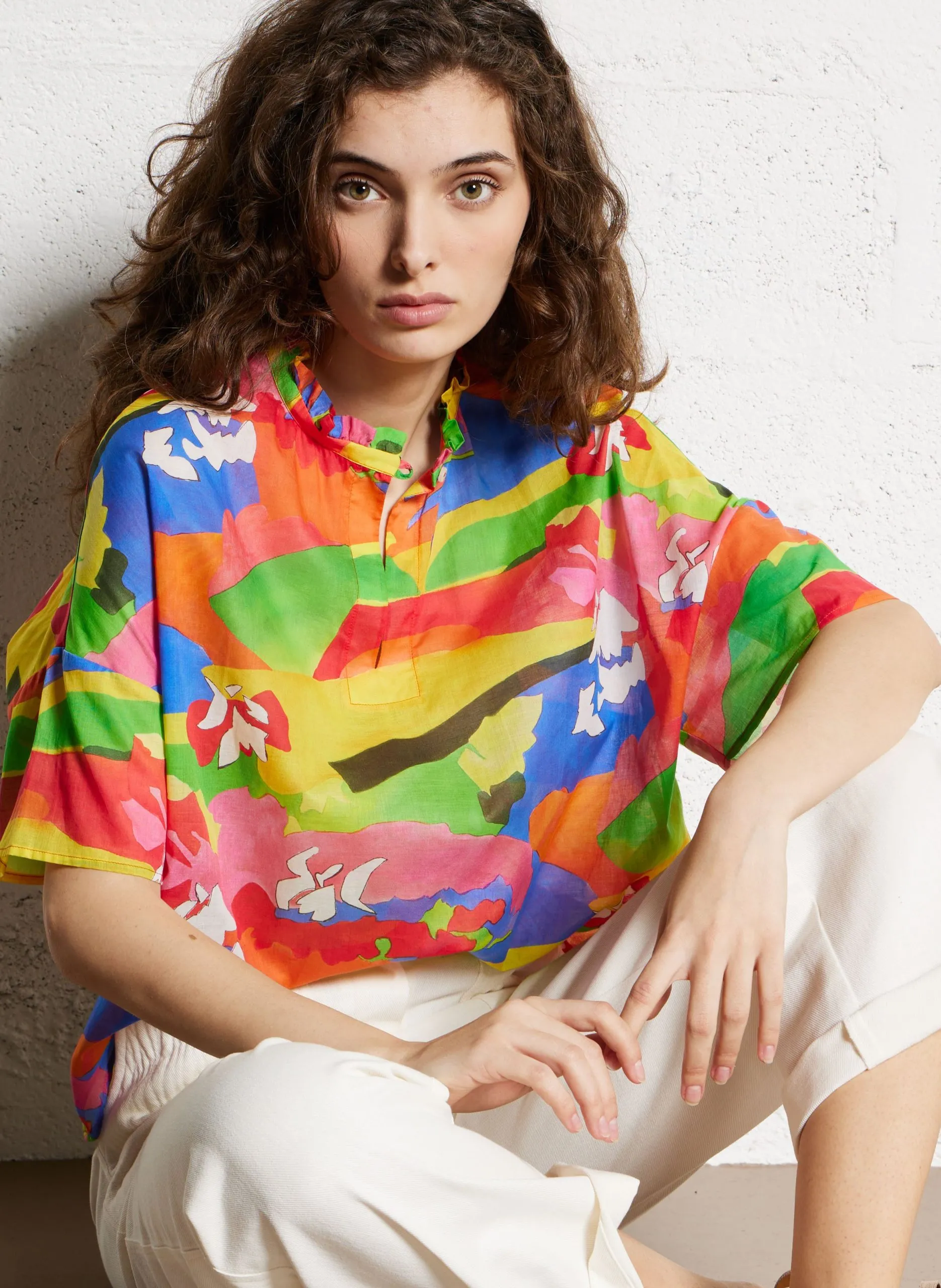 Bedruckte Baumwollbluse mit Rundhalsausschnitt Mehrfarbig NINA