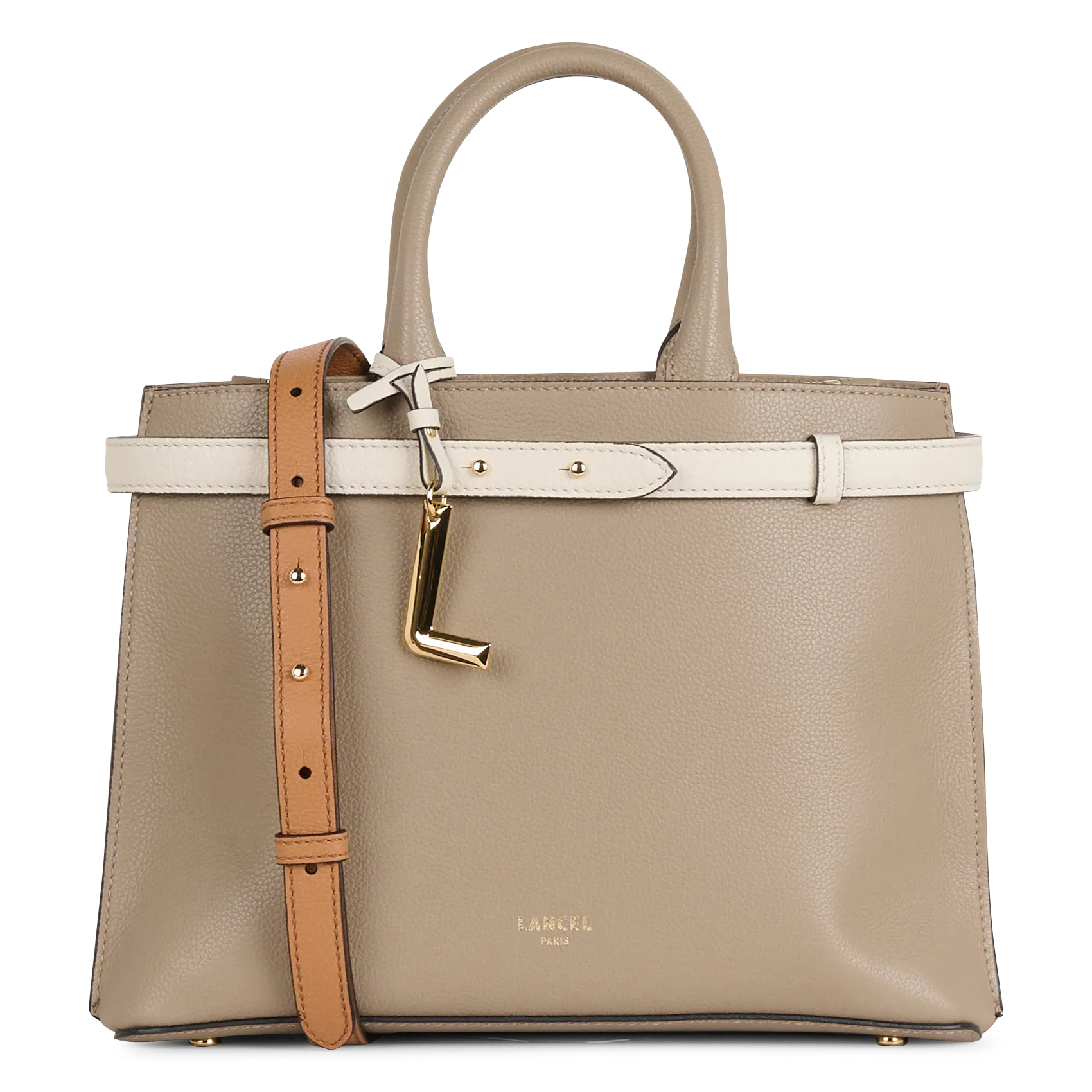 Einfarbige Handtasche aus Leder Beige FAUBOURG