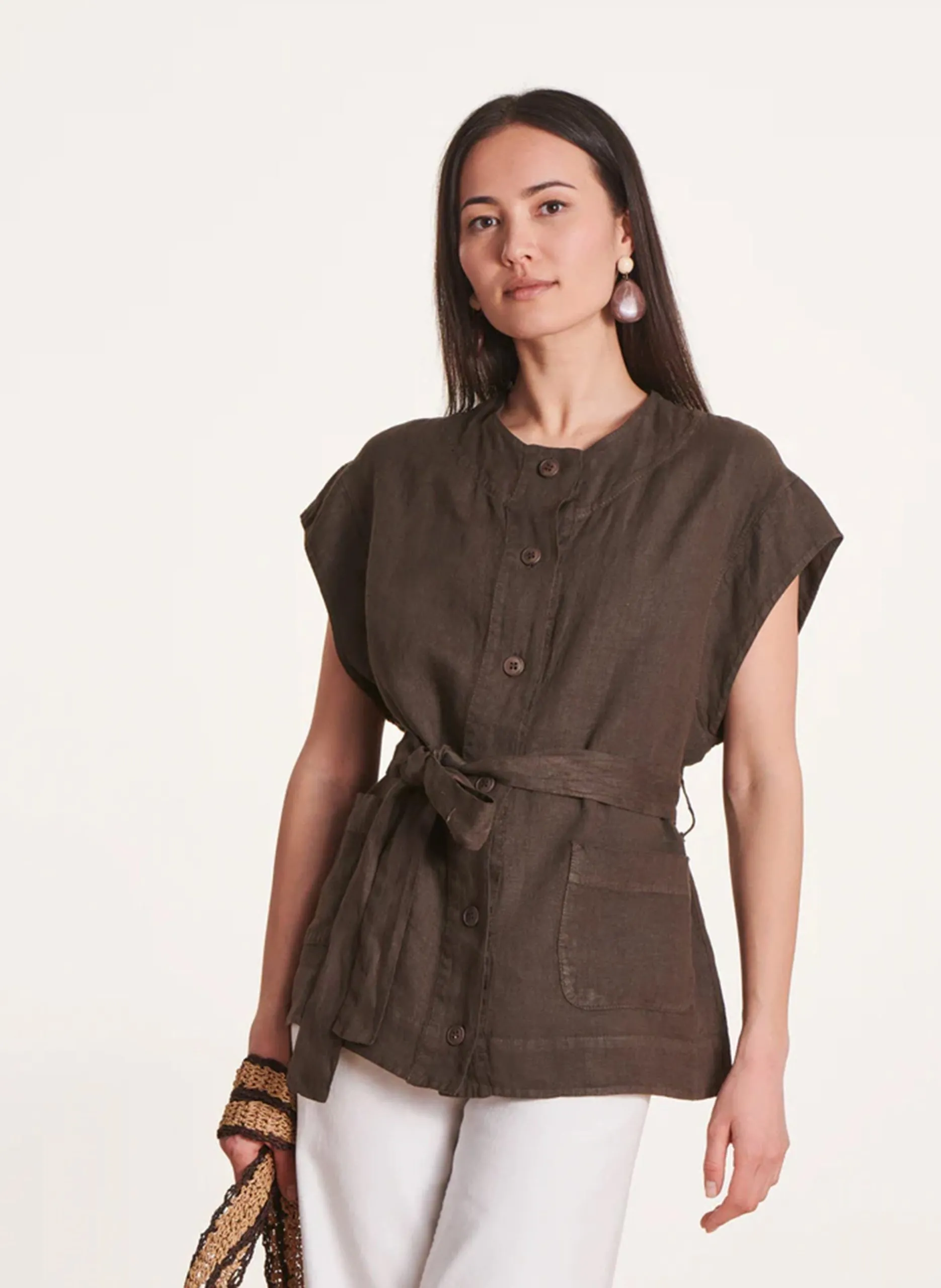 Weites Leinenhemd mit Rundhalsausschnitt Khaki