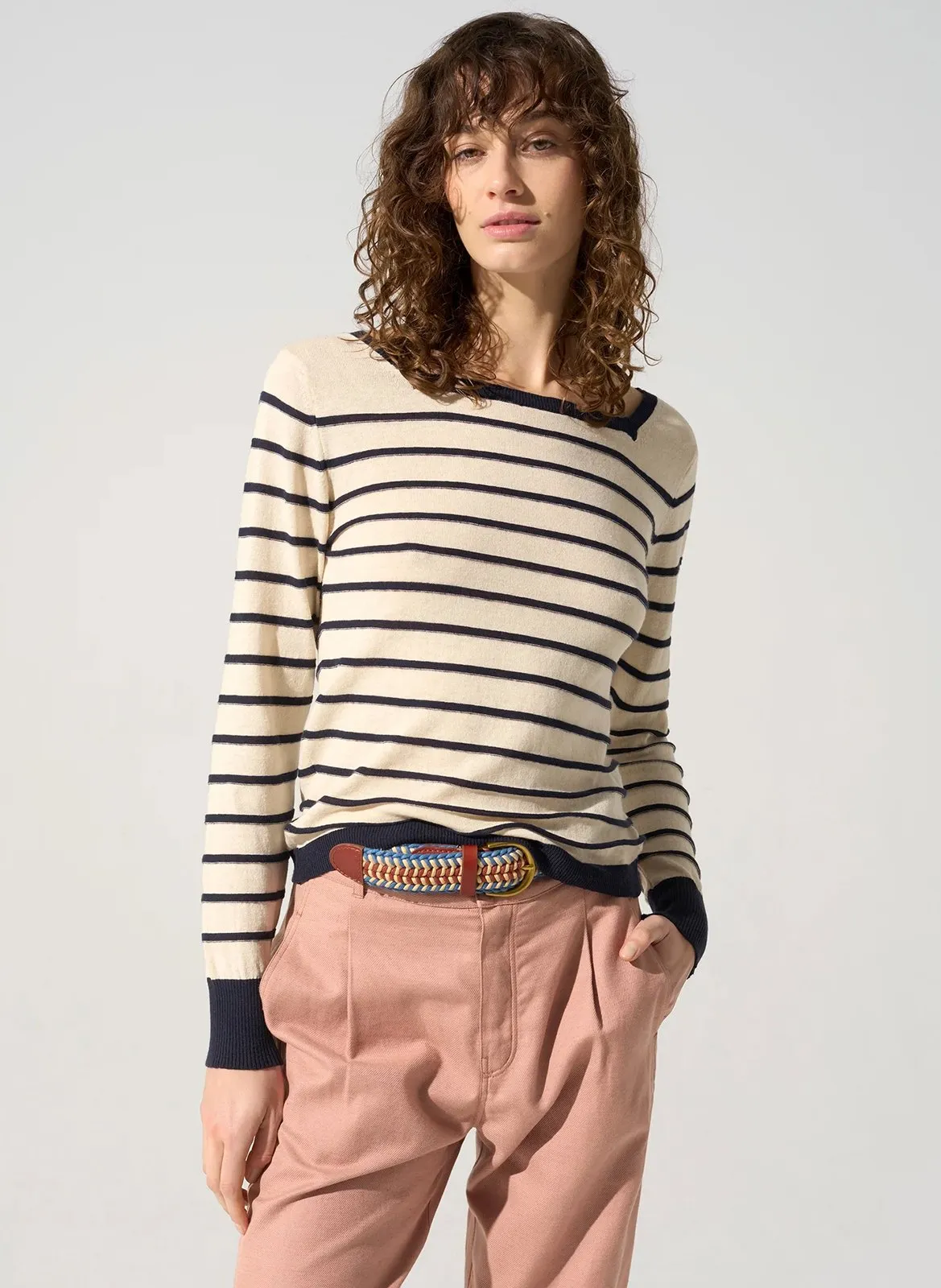 Rundhalsausschnitt-Pullover aus Baumwolle und Leinenmischung Weiss